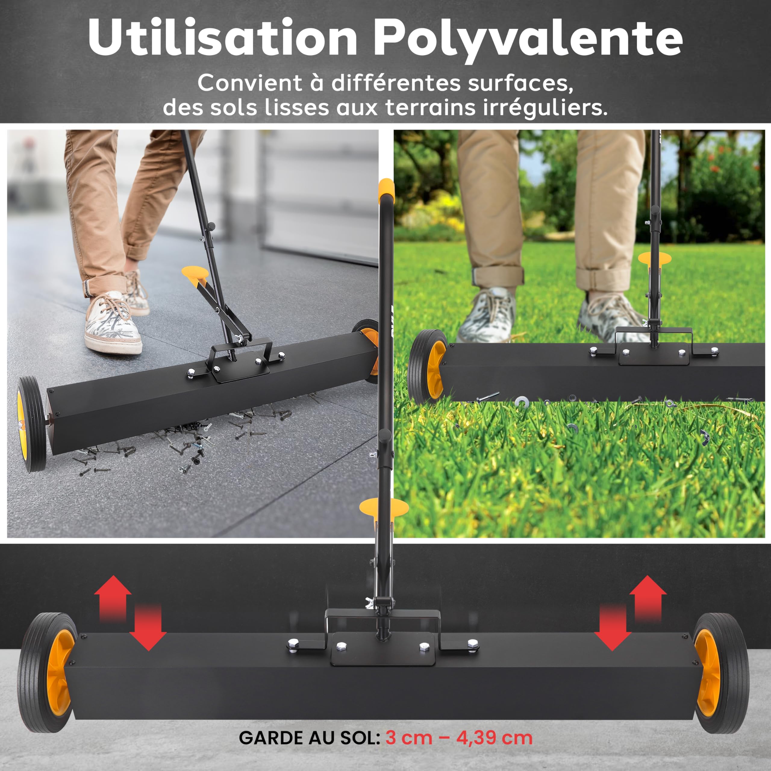Pyle Balayeuse Magnétique Roulante 91 cm avec Manche Réglable Ramasseur de Métaux Robuste