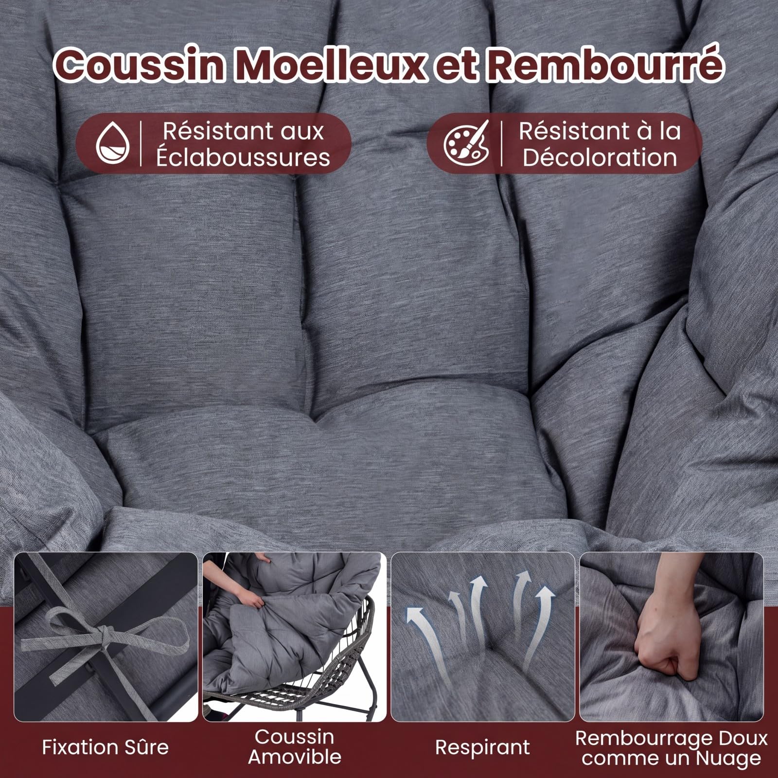 COSTWAY Fauteuil à Bascule Exterieur Interieur avec Repose-Pieds, Chaise de Jardin en Rotin PE & Métal, Coussin Épais Amovible, Fauteuil Œuf pour Balcon Terrasse Jardin Salon, Charge 150+75 kg (Gris)