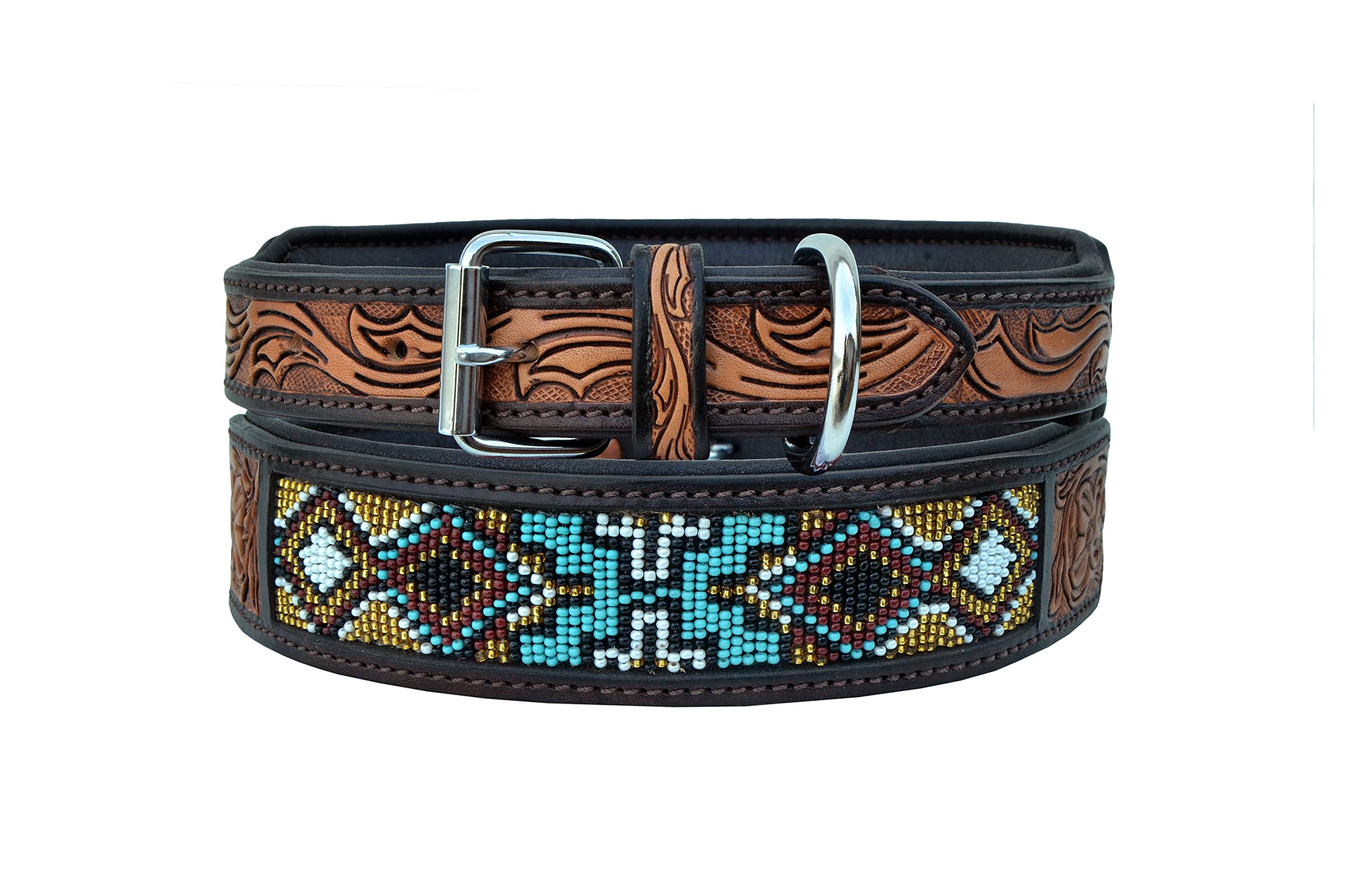Affilare Collare per cani in vera pelle stile occidentale con perline, lavorato a mano e imbottito, 10AB018, turchese, oro, bianco, extra piccolo (tacca centrale a 28 cm)