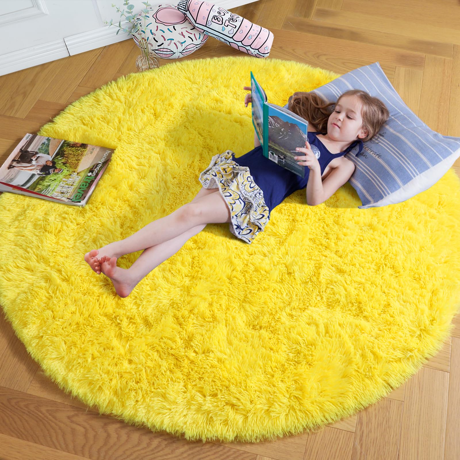 Amdrebio - Alfombra redonda amarilla de 183 cm para salón o dormitorio, mullida de felpa y pelo largo, para decoración de guardería, aula, habitación infantil o juvenil, niñas o niños, estilo kawaii