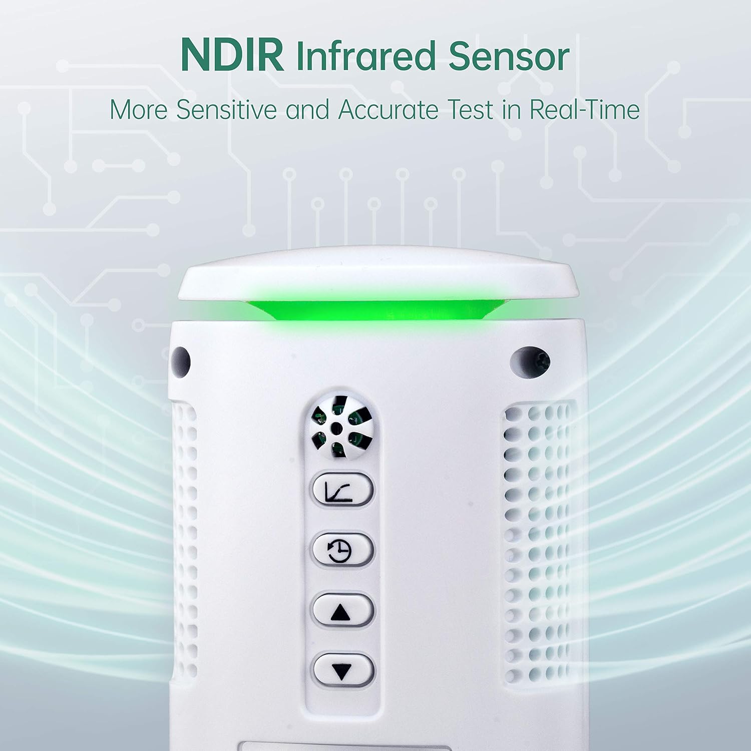 Буйны план view of the ERICKHILL ECO-06 CO2 Meter showing the top NDIR infrared sensor and control buttons.