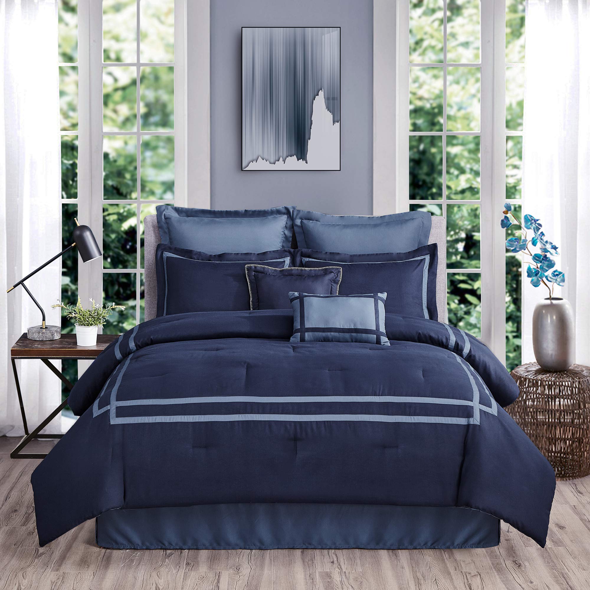 SHALALA Comforter Queen Size,8-Piece Hotel Queen Comforter Bedding Sets with Matching Bed Skirt, Pillow Shams, Decorative Pillows for All Seasons(Navy Blue,Full/Queen)