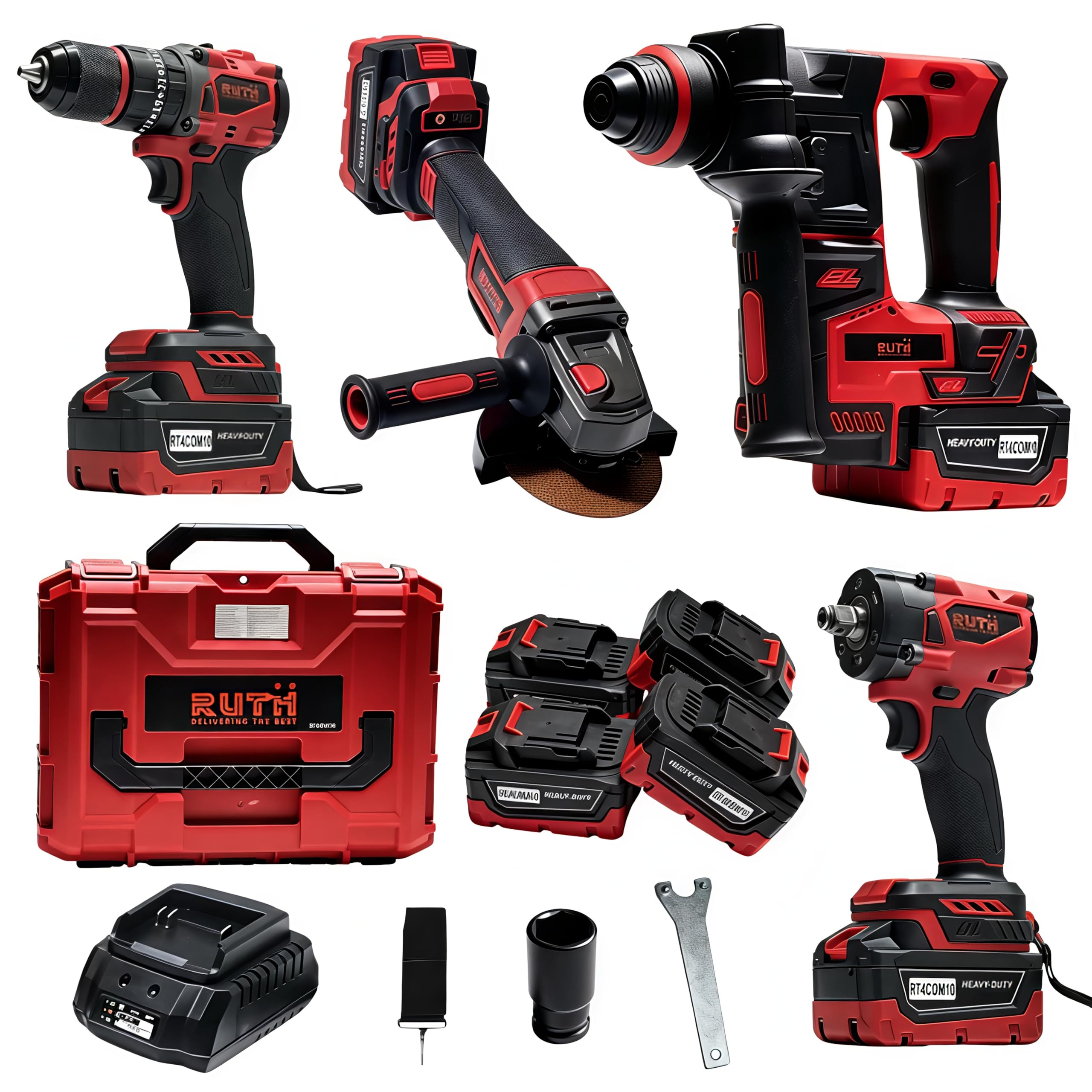 RUTH Cordless Power Tool Combo Kit, 4-Tool Brushless Set: 10mm Drill, Angle Grinder, 1/2" Impact Wrench, Rotary Hammer | 4×5.0Ah Lithium Batteries & Fast Charger-image-32