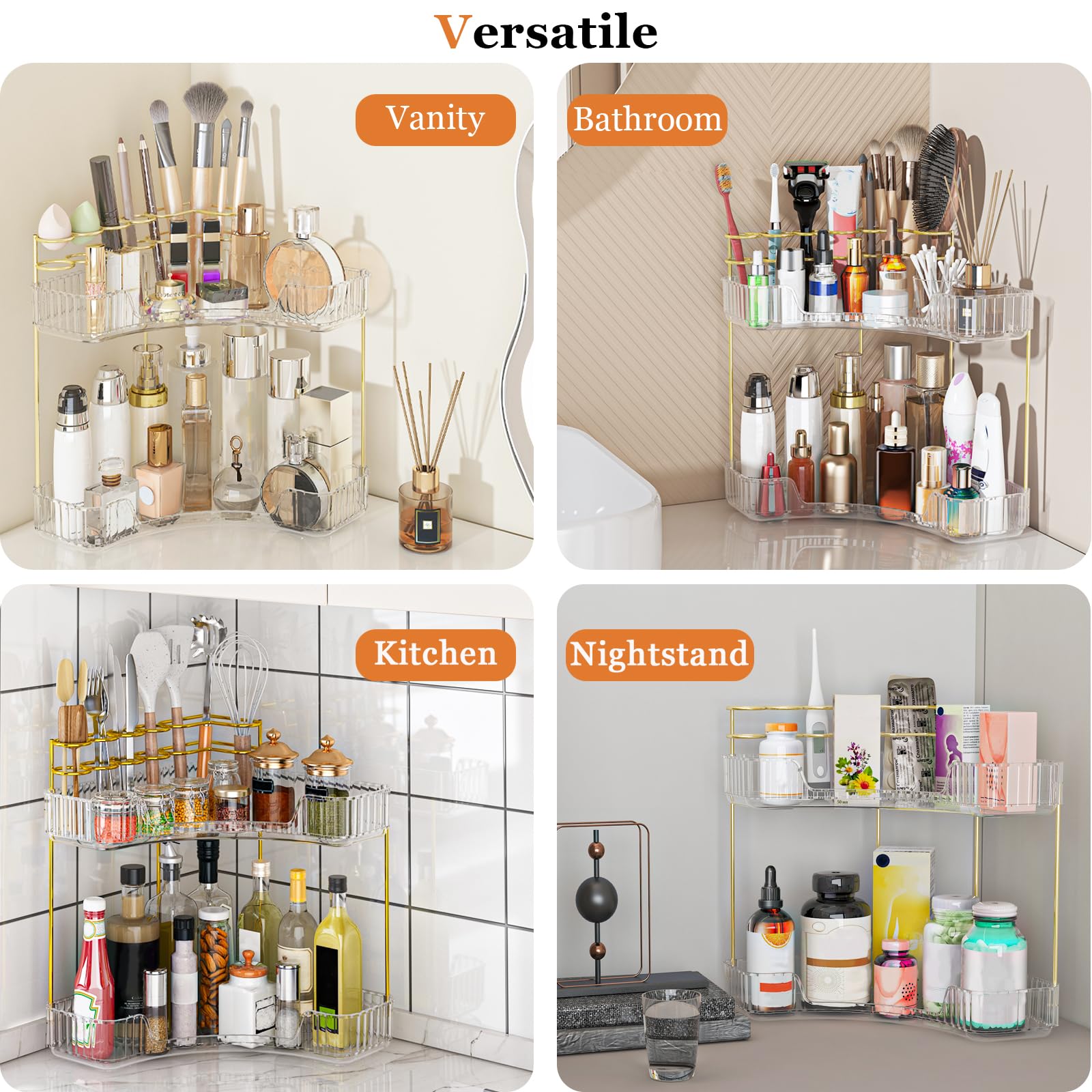 Webetop Eck-Make-up-Organizer für Schminktisch, 2-stöckig, Badezimmer-Kosmetik-Organizer, Arbeitsplatte mit Make-up-Pinselhalter, Eck-Theke, Aufbewahrung, Hautpflege-Organizer für Badezimmer, Kommode,