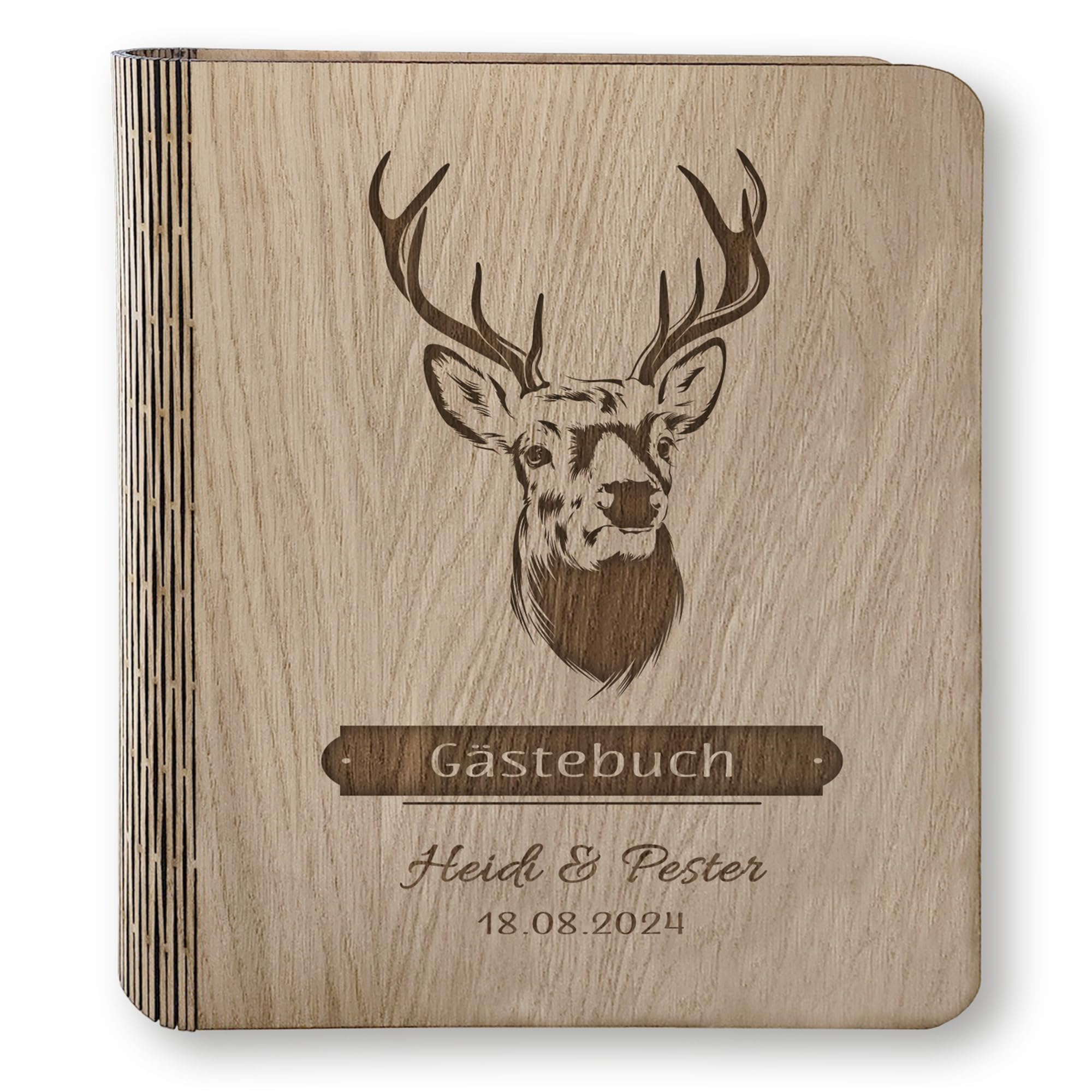Holz Gästebuch Hochzeit Deer Dreams mit und ohne Fragen ca. 22,5 x 23,5 cm - Hochwertiges Hochzeitsgästebuch Holzbuch Landhochzeit Holzgästebuch Hochzeit Hirsch Handarbeit
