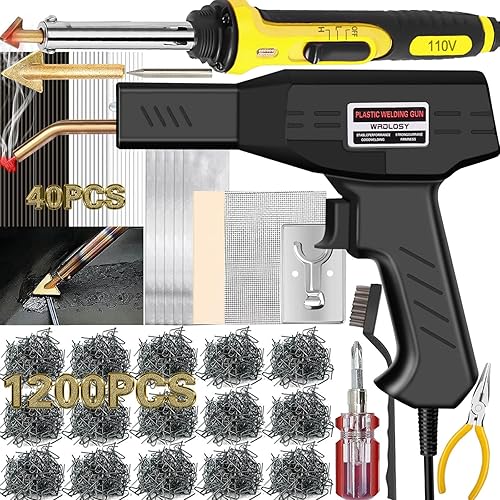 Soldador de plástico de 220 W, 1200 grapas, 40 varillas de soldadura, kit de soldadura 5 en 1, cinta de papel de lija, soporte de malla de alambre,