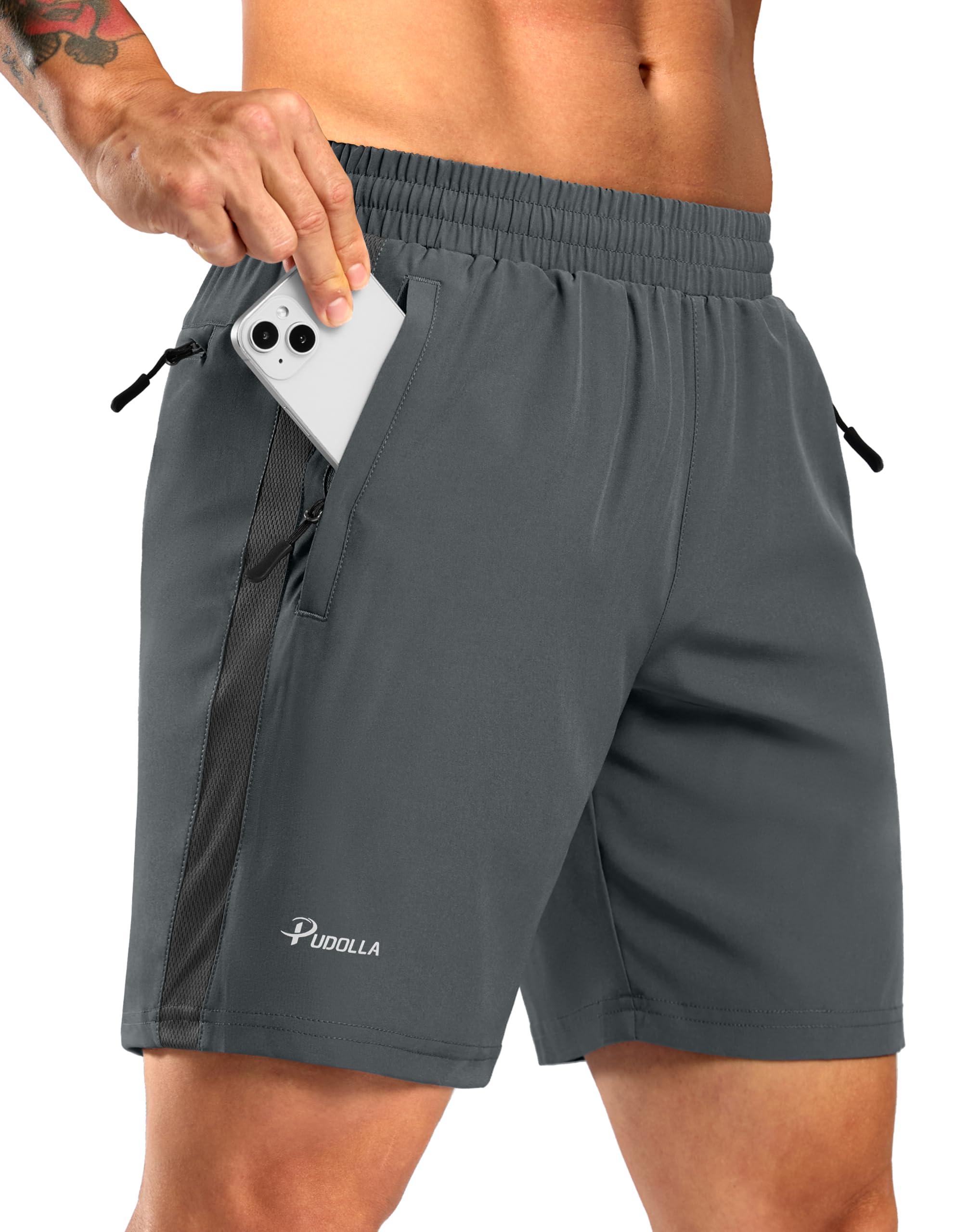 Pudolla Men's Running Athletic Shorts with 3 Zipper Pockets 5"/7" Gym Workout Shorts Lightweight Quick Dry for Hiking Casual