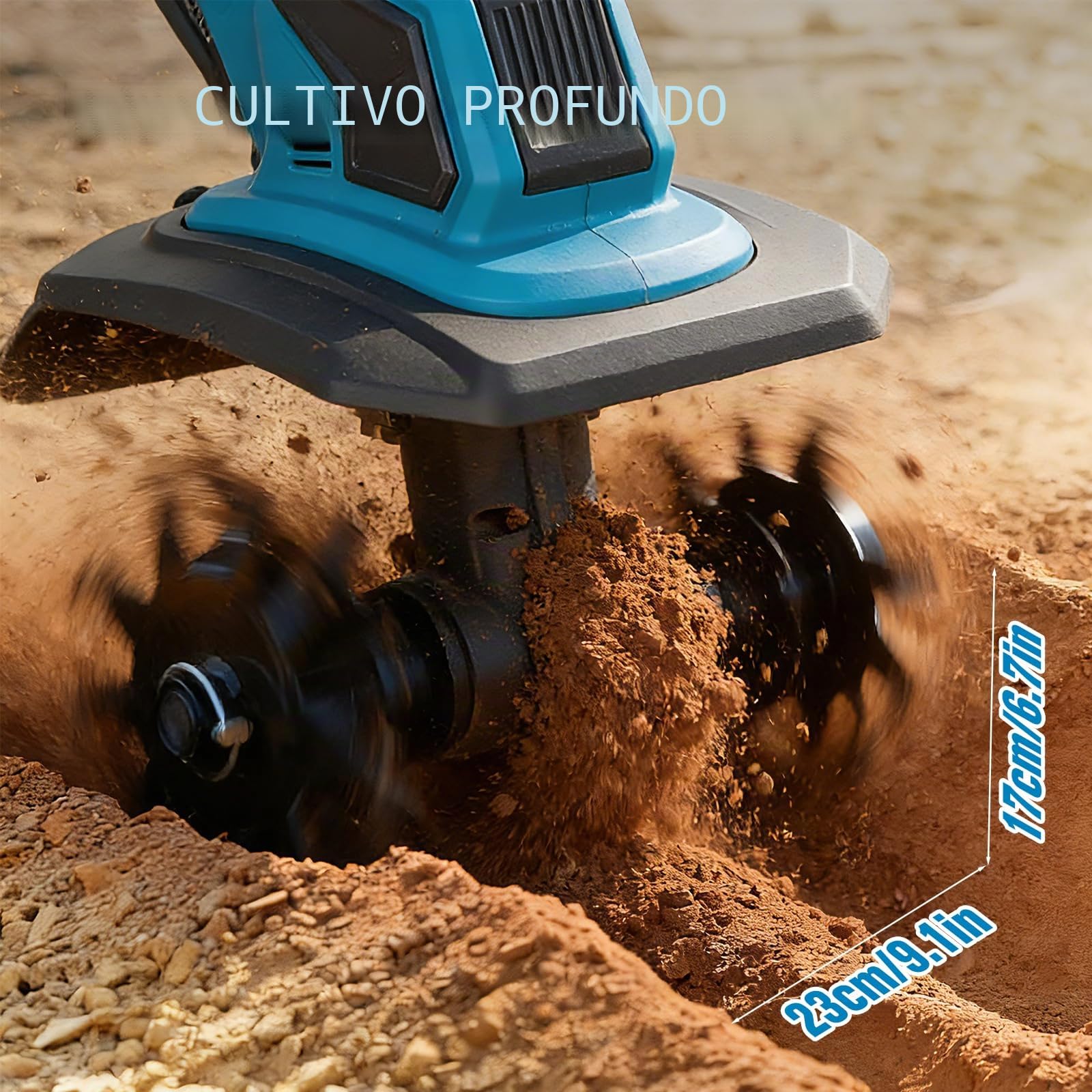 Motoazada Eléctrica Cultivador 2 en 1 con Batería, Micro Rotavator Portátil para Hogar y Jardín, Profundidad Ajustable 17cm, Ancho de Trabajo 23cm, Interruptor de Seguridad