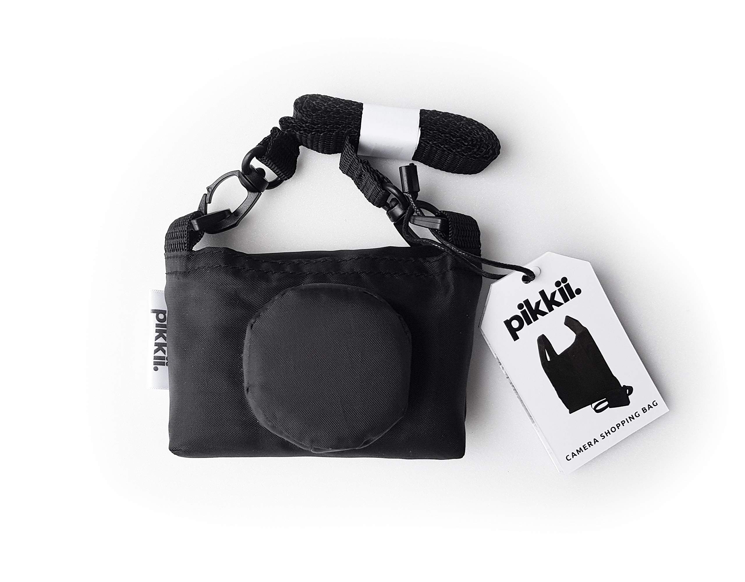 Pikkii, Black Reusable Shopping Bag, Foldable Tote Bag into Retro Style Camera, Eco Friendly Shopping Bag Made from Recycled Materials