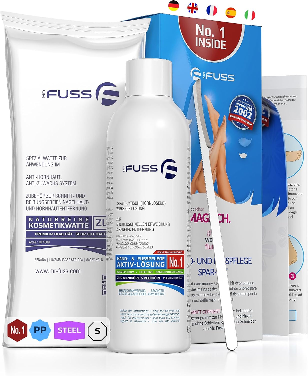 Mr. Fuss® No. 1 - Plus Pack Steel - Mały, zestaw do usuwania skórek i zrogowaciałego naskórka, 3-częściowy aktywny roztwór szybko i mocno zmiękczający - 200 ml, wata, skrobak ze stali nierdzewnej