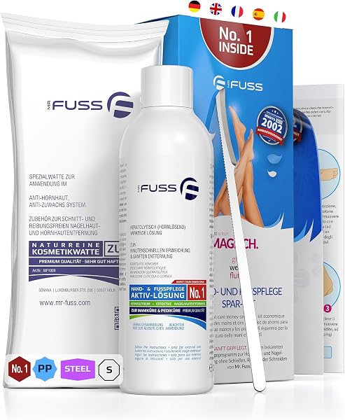 Mr. Fuss® No. 1 – Plus Pack Steel – Mały, zestaw do usuwania skórek i zrogowaciałego naskórka, 3-częściowy aktywny roztwór szybko i mocno zmiękczający – 200 ml, wata, skrobak ze stali nierdzewnej