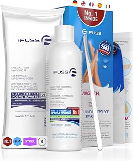 Mr. Fuss® No. 1 – Plus Pack Steel – Mały, zestaw do usuwania skórek i zrogowaciałego naskórka, 3-częściowy aktywny roztwór szybko i mocno zmiękczający – 200 ml, wata, skrobak ze stali nierdzewnej