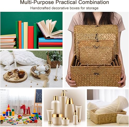 Miniatura 6 de Juego de 4 cestas de pastos marinos con tapas, cesta de almacenamiento de mimbre de ratán, cajas de almacenamiento decorativas tejidas a mano con