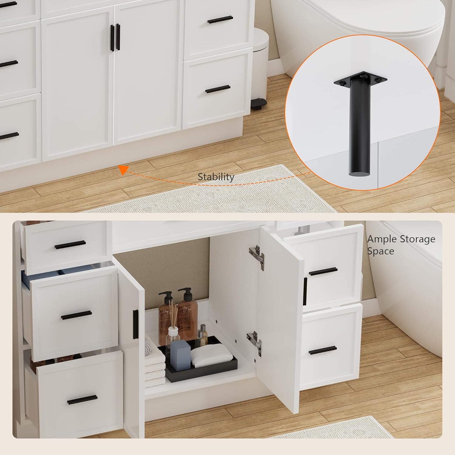 48 Inch Bathroom Vanity with Sink, Modern Farmhouse Bathroom Vanity Cabinet, Freestanding Bathroom Vanity with 2 Soft Closing Doors & 6 Drawers, Bathroom Sink Storage Cabinet, White(48")