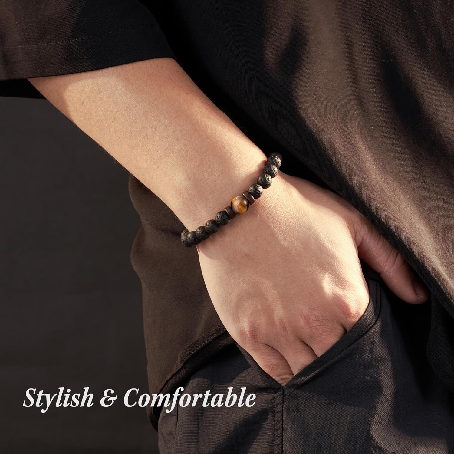 Seyaa Double Protection Natural Stone Bracelet for Men Teen Boys, Tiger Eye Black Onyx 8mm Handmade Bead Bracelet Crystal Bracelet Bring Luck - Image 3