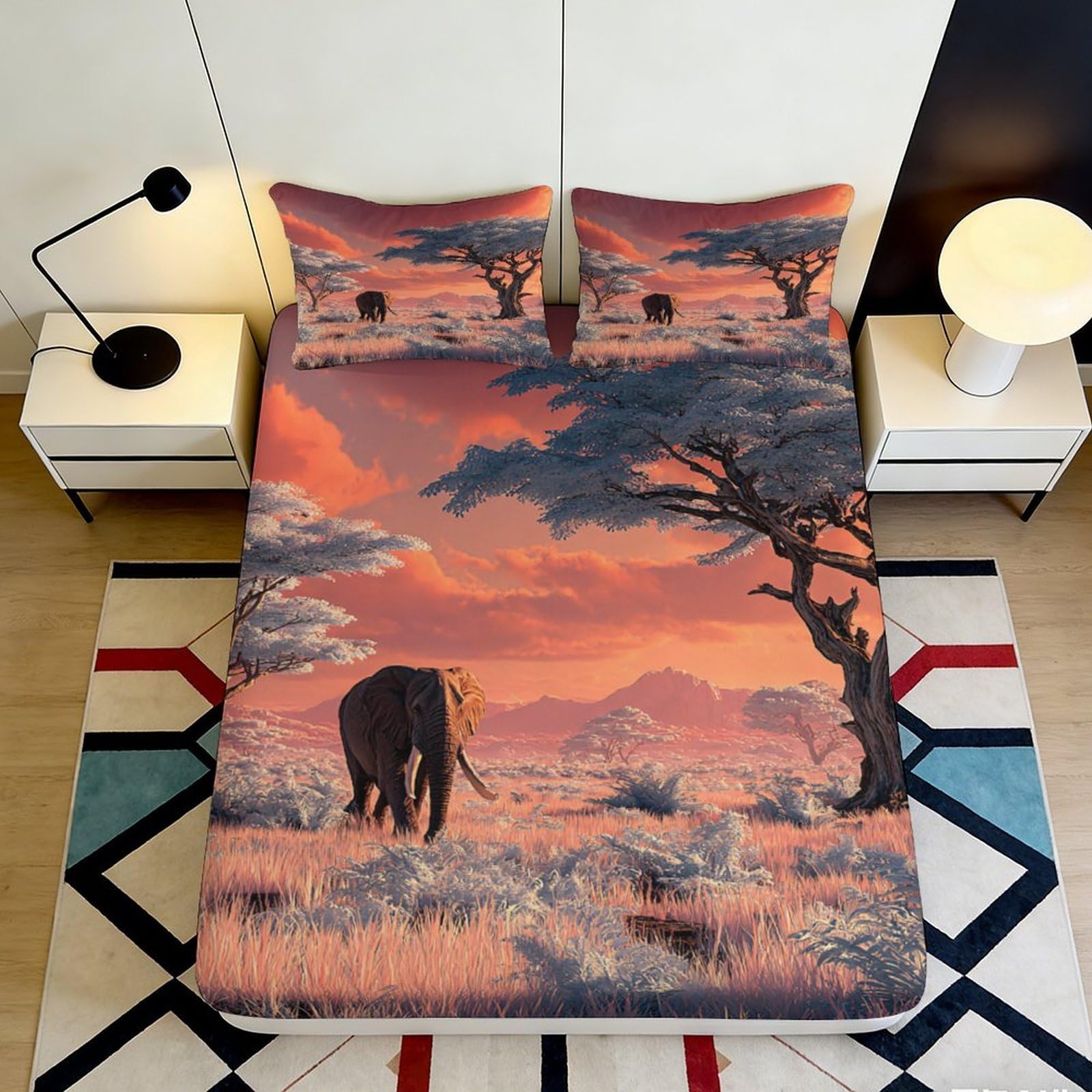 Jqzkxnhpbr Style-8 3D Printed African Sunset Fitted Sheet Microfiber Elephant Savannah Bed Cover For Bedroom Guest Room Decor 90X200x25cm