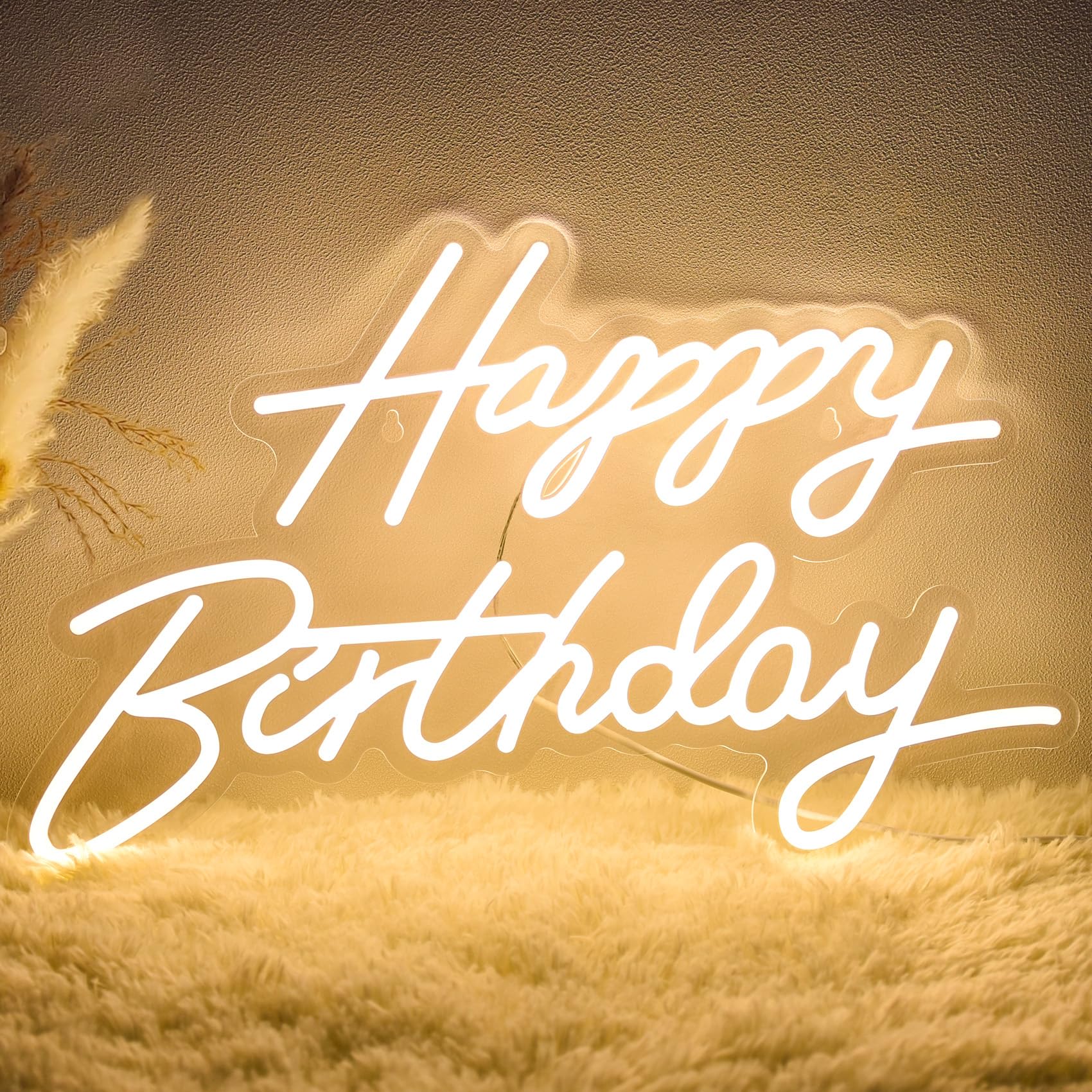Happy Birthday Neon Sign for Wall Decor, LED Happy Birthday Light Up Sign, USB Powered Dimmable Neon Light for Birthday Party Decorations Backdrop, Warm White