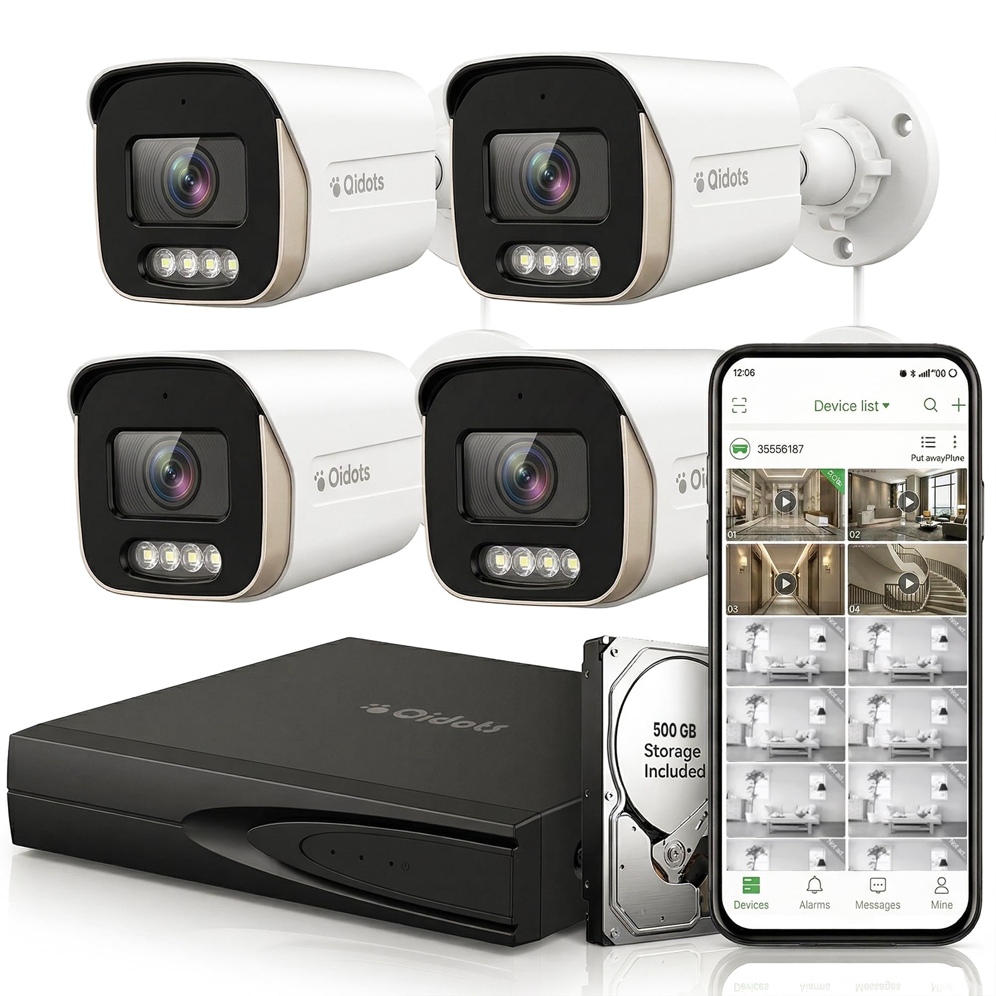 Qidots 4 Channel CCTV Combo Set 4K 8 MP IP Bullet Cameras with 4 Channel NVR 4+2 POE Switch | 500GB Hard Disk Drive HDD | 4pc Metal Body Bullet Camera ColourVu Dual Mode (Camera Wire Not Included)