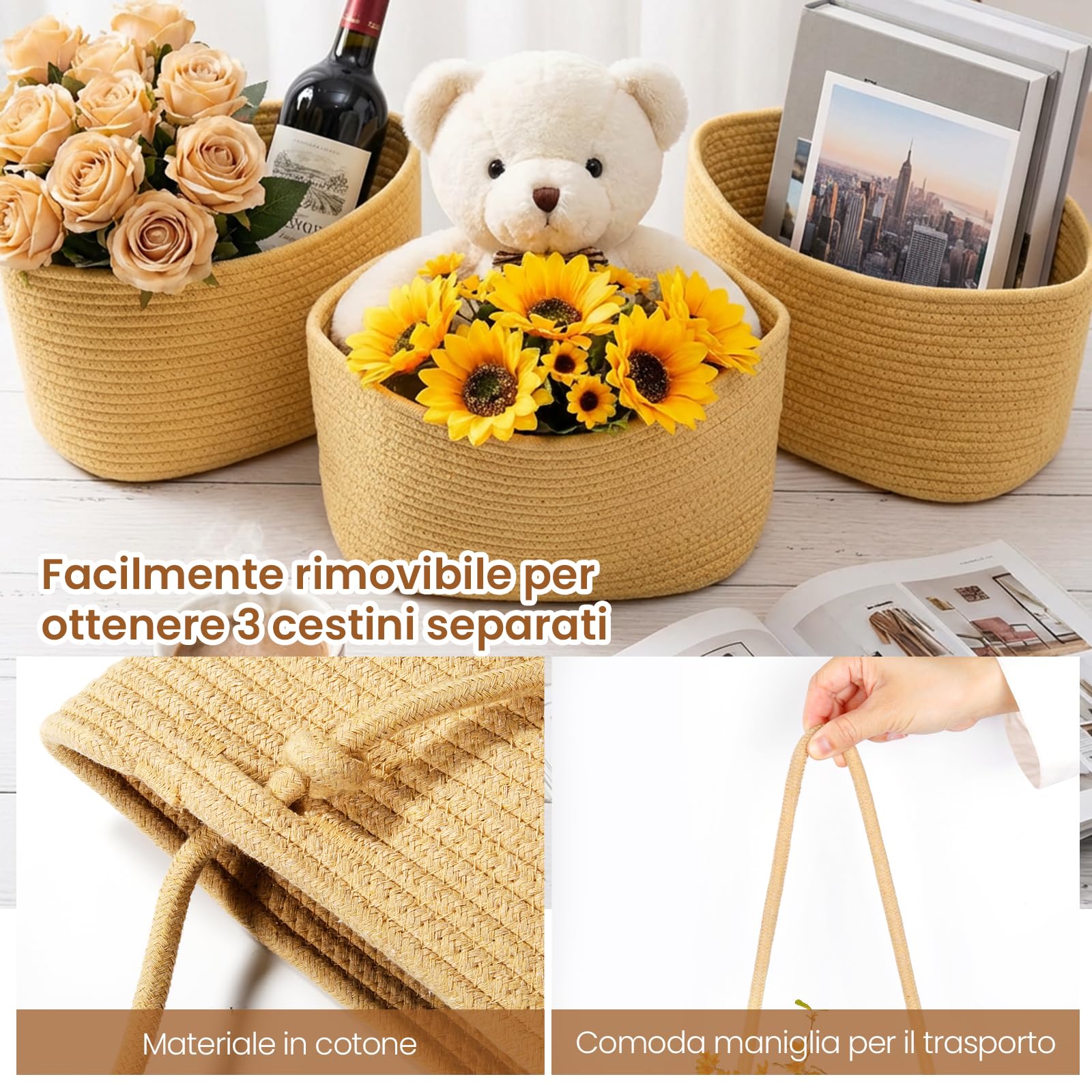 Tasche Portaoggetti Da Parete, 3 Livelli Organizer Per Appendere, Portaoggetti Da Parete Con Tasche In Corda Di Cotone Intrecciata, Per Soggiorno, Bagno, Camera Da Letto (Curcuma)