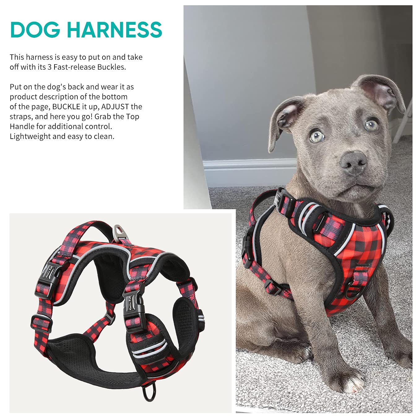 HEELE Pettorina Cane, Imbracatura Sganciata Rapido dal Collo, Pettorina Anti-tiro Riflettente e Regolabile con Maniglia Comoda, Morbida e Imbottita per Cani Piccola Media Grande, Rosso-Nero L