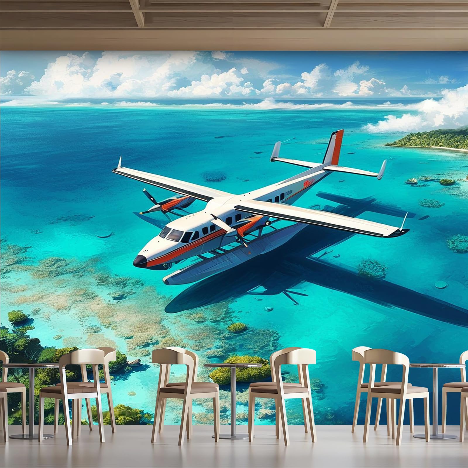 Générique Papier Peint Panoramique 3D 366x254 cm Avion Non-tissé Murale Maison Décoration Intérieure Océan Paysage pour Chambre Salon Mur TV Artistique Poster Décoration Murale 1M82
