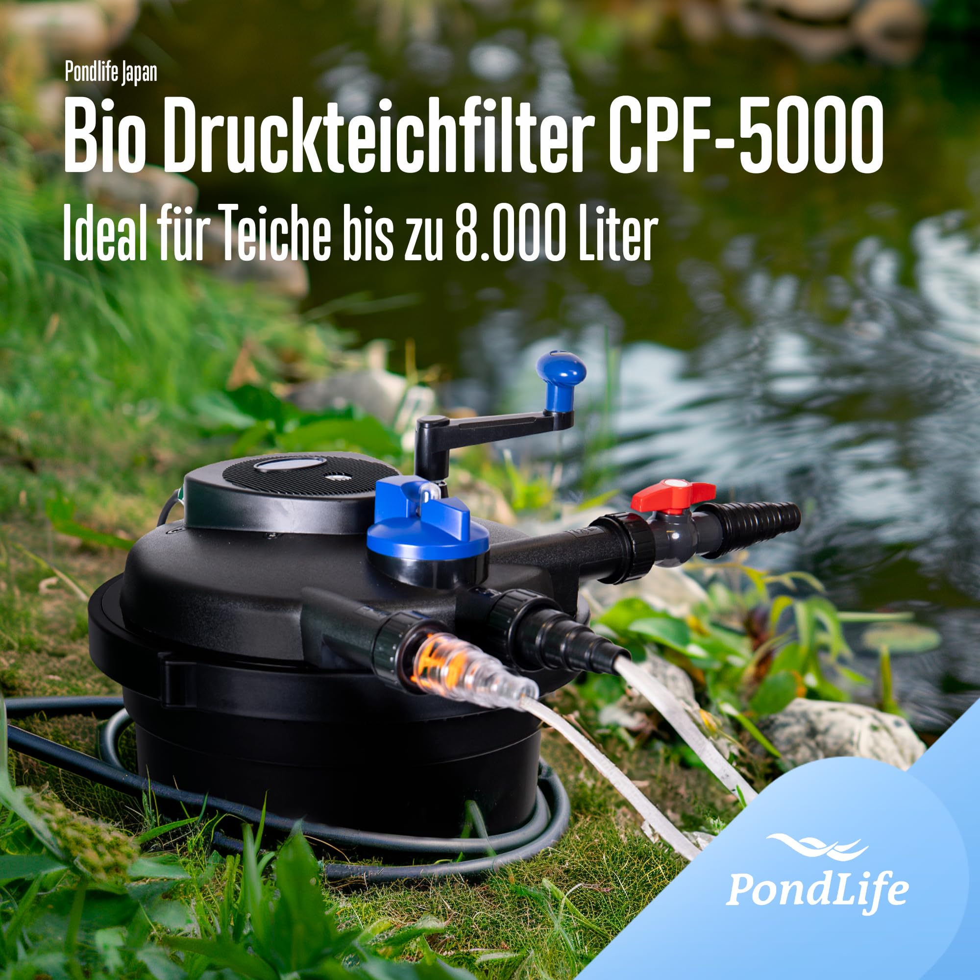 Pondlife CPF-5000 Druckteichfilter UVC 11 Watt, für Teiche bis 8000 Liter, Teichfilter mit Rückspülfunktion, 9000 L/h Fördermenge