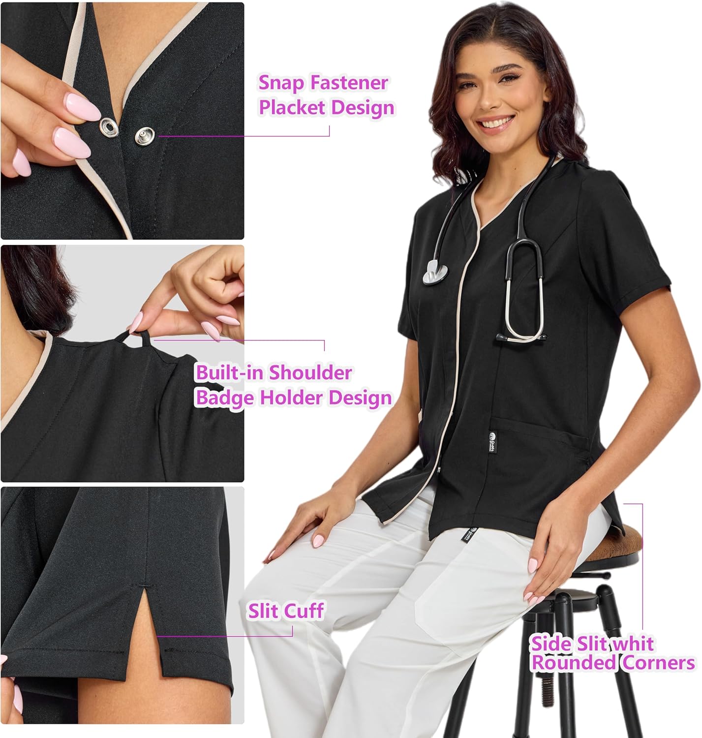 GUOER Scrub Tops Women, V-Neck Contrast Color Paneling, Slit Cuff, Side Slit with Rounded Corners, Snap Front, 3 Pockets