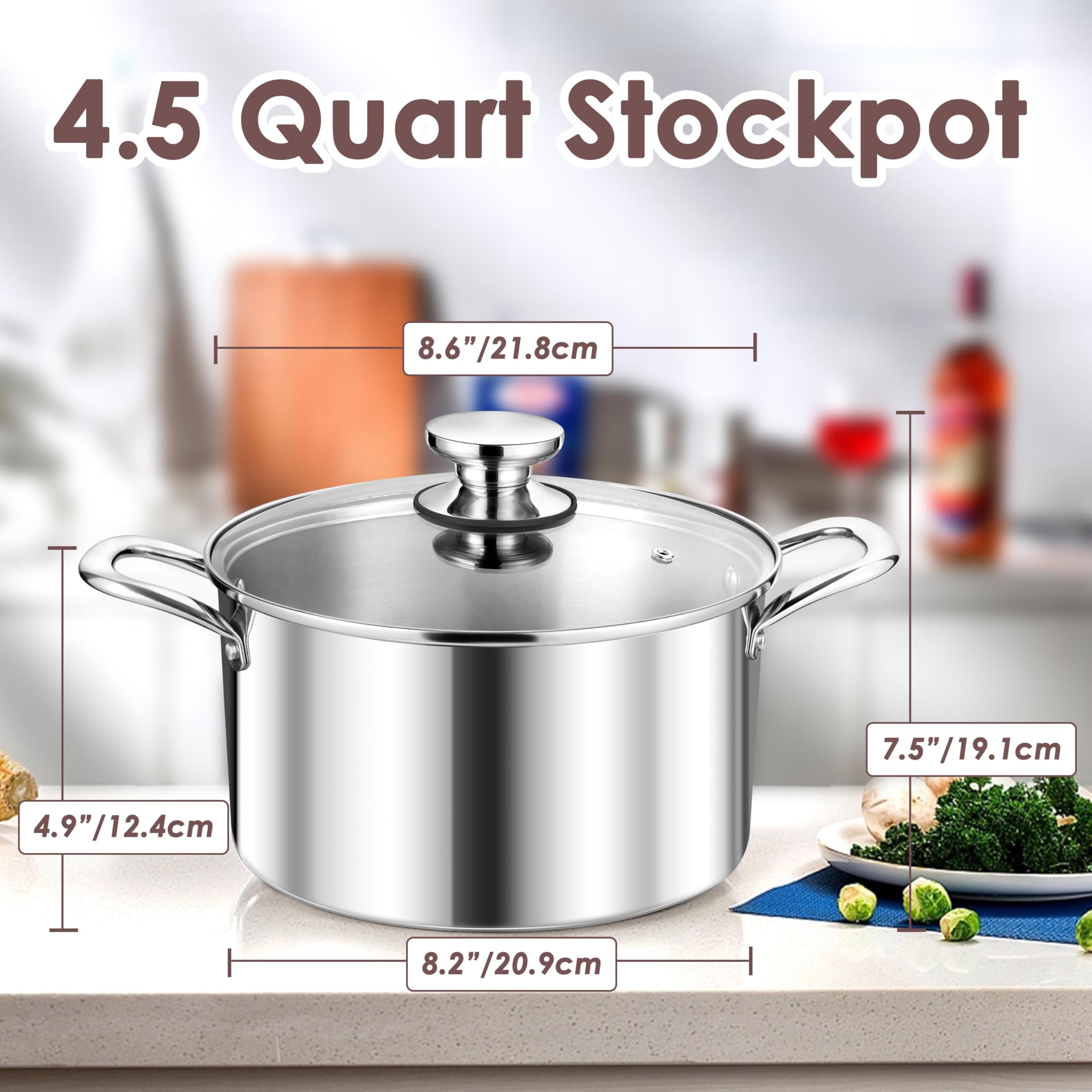 Herogo Suppentopf mit Deckel, 4,5 l, dreilagiger Kochtopf mit Deckel, 18/10 Edelstahl, Pasta-Suppentopf mit Griffen, 4,5 QT Suppentopf für Induktion, Elektro-Gasherd, spülmaschinenfest