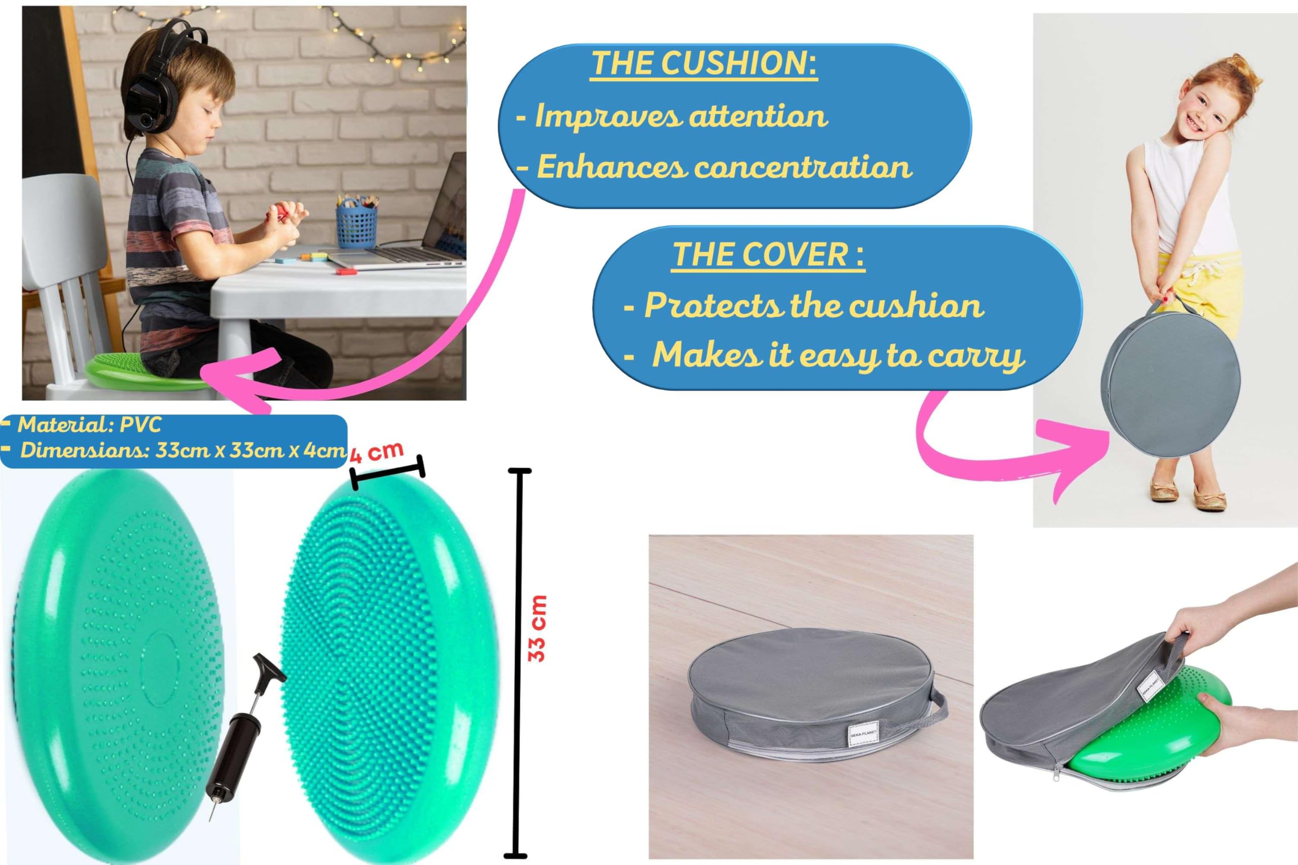 ADHD Sensory Kit for Kids, Wobble Cushion with Removable Cover and 4 Chair Bands for Kids with ADHD and Autism for Classroom & Home Use, Includes ADHD Strategies eBook - Image 2