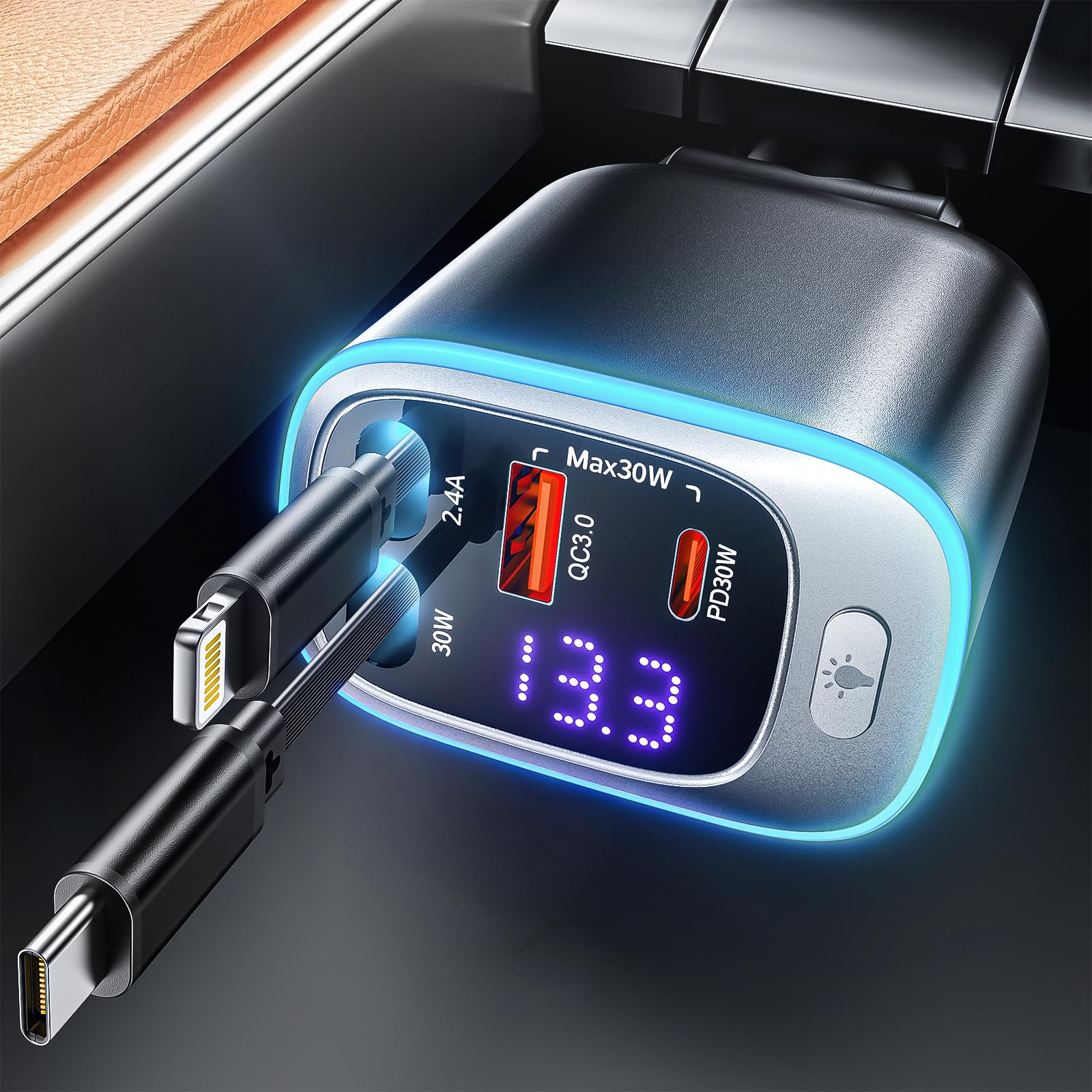 Rolgno Retrattile Caricatore Auto, [4 Porte Ricarica Rapida] 72W Presa Accendisigari USB C Auto, PD30W & QC3.0 Carica Batteria per Auto Cellulare, [Cavi Doppia da 65cm] USB Auto per iPhone/Galaxy/iPad