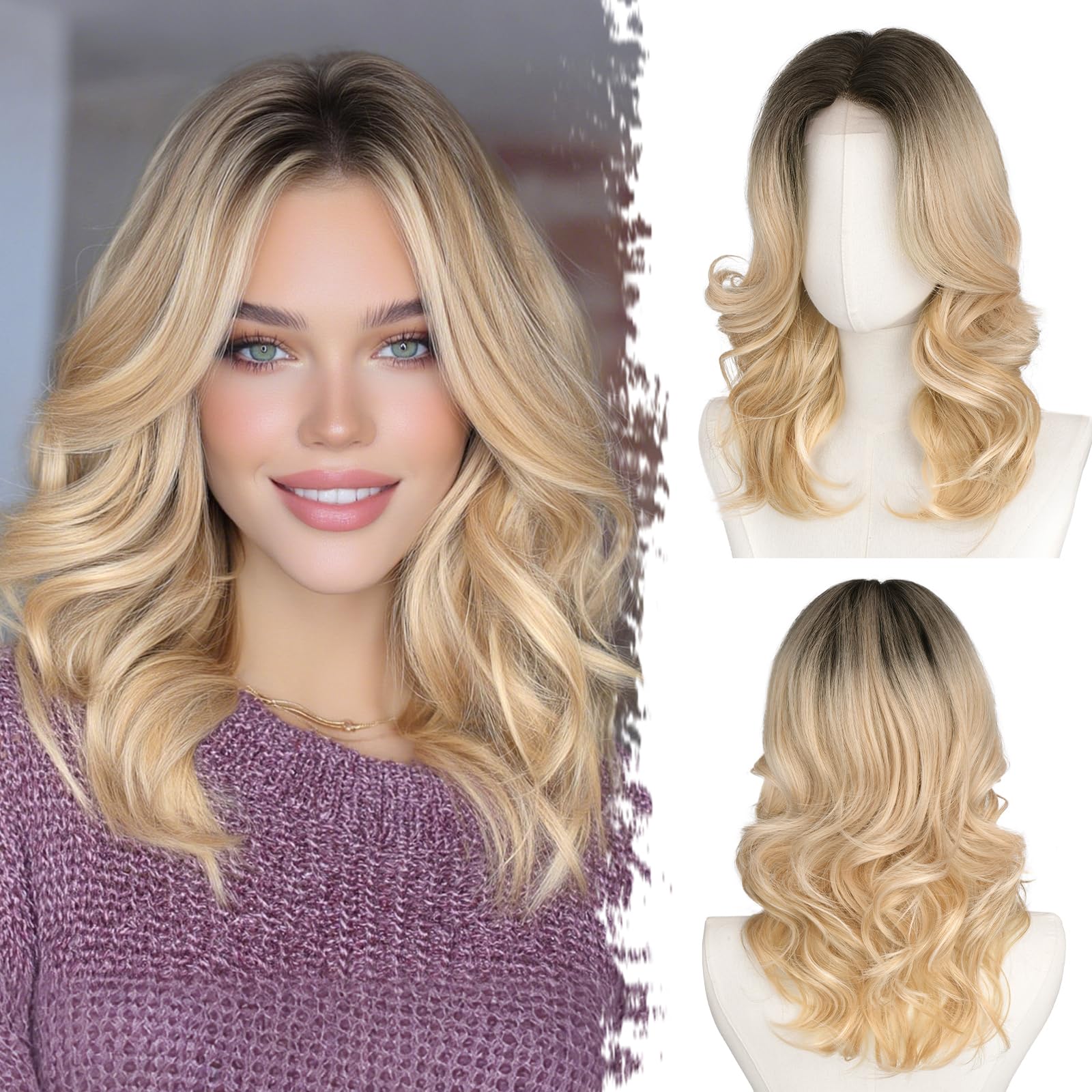 BARSDAR Short Wavy Brown Ombre Layered Wig - Shoulder Length Wavy Brown Wigs for Women - Short Loose Wave Textured Layered Wig with Face-Framing Curtain Bangs Soft Synthetic Natural Looking Daily — view 18
