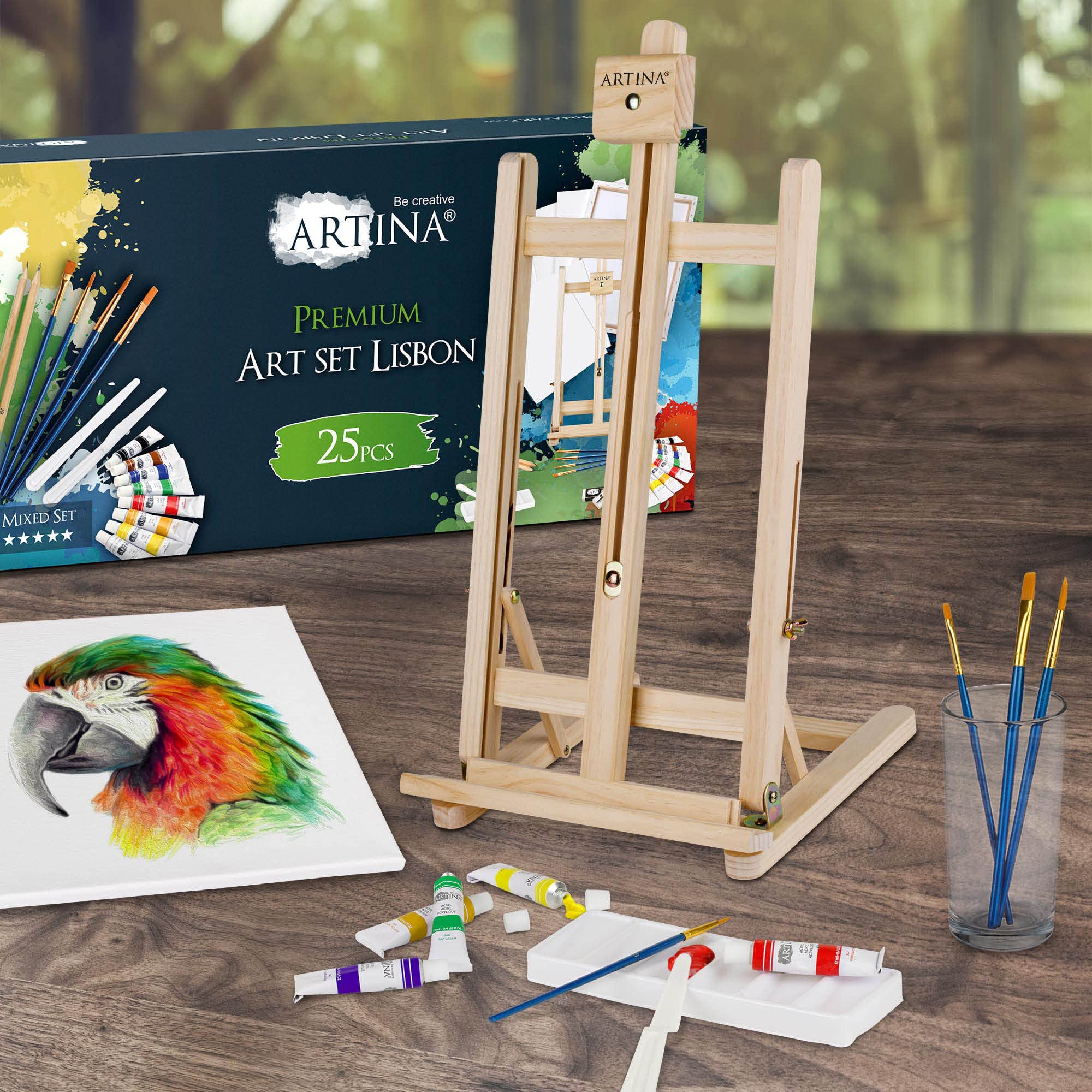 Artina 25 Pezzi Premium Set Pittura con Cavalletto da Tavolo in Legno FSC® – Tela, Set Colori Acrilici, Pennelli e Accessori – Kit Pittura Bambini e Adulti – Regalo di Natale Creativo – Lisbon