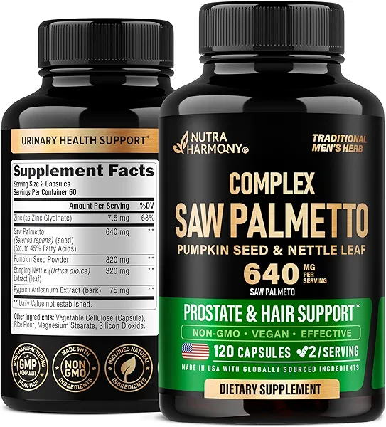 Saw Palmetto for Men 640mg - Pumpkin Seed | Nettle | Zinc & Pygeum - Prostate Health & Urinary Supplement - DHT Blocking & Hair Support - 45% Fatty Acids, Clinical Strength - Made in USA, 12
