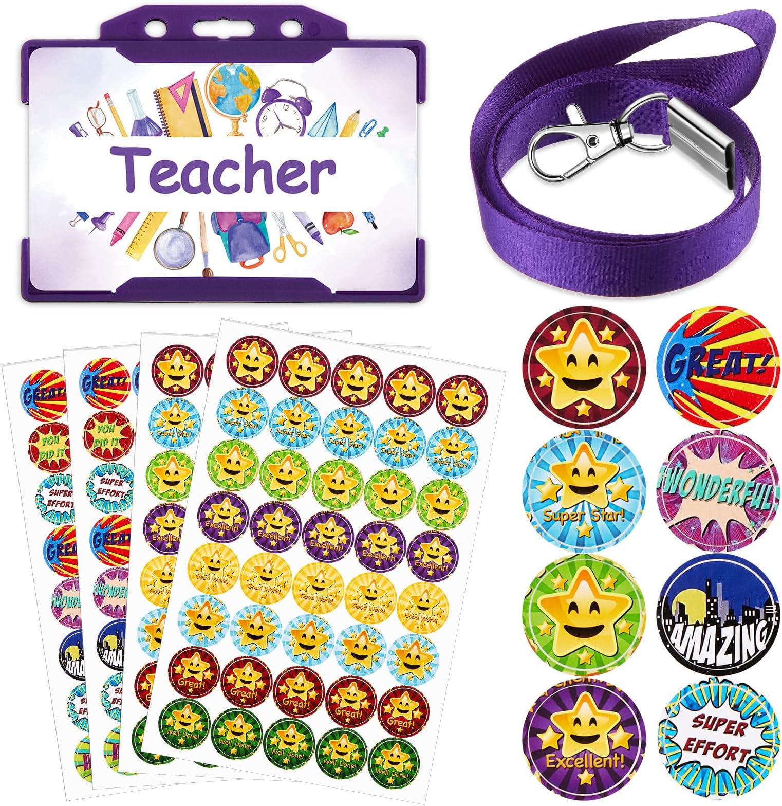 Tenare 7 Pcs Teacher Roleplay for Kids Pretend Teacher Set Novelty Lanyard and Stickers Pretend ID Card Behaviour Reward Stickers School Stuff Kids Role Play Game Accessories (Star, Purple)