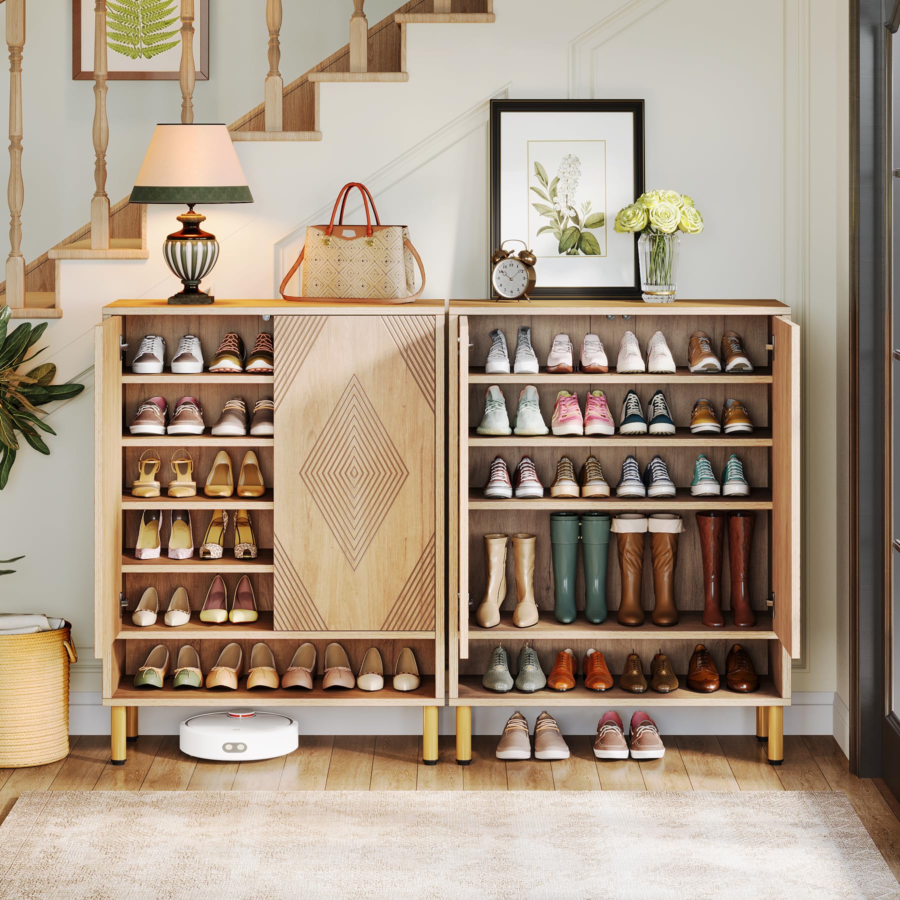 Tribesigns 7-stöckiger Schuhschrank, Schuhregal Schuhkommode mit 2 Türen, 24 Paar Bauernhaus-Schuhschrank mit verstellbaren Regalen,Holzregal Organizer für Eingangsbereich, Flur, Wohnzimmer(braun)