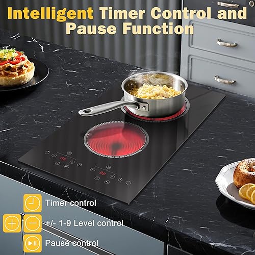 Miniatura 7 de Estufa eléctrica de 2 quemadores, estufa eléctrica de 12 pulgadas, estufa de encimera de doble quemador de 120 V de 2000 W con temporizador y ajuste