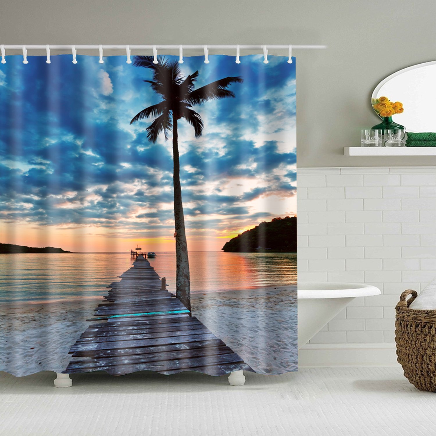 StoneMaxi Waterproof 180 x 180 Polyester Bathroom Shower Curtain Print Fabric With 12 Hooks, Multiple Designs Landscape with Anti-Mould Proof Resistant Machine Washable (Beach and Coconut Treet-5)
