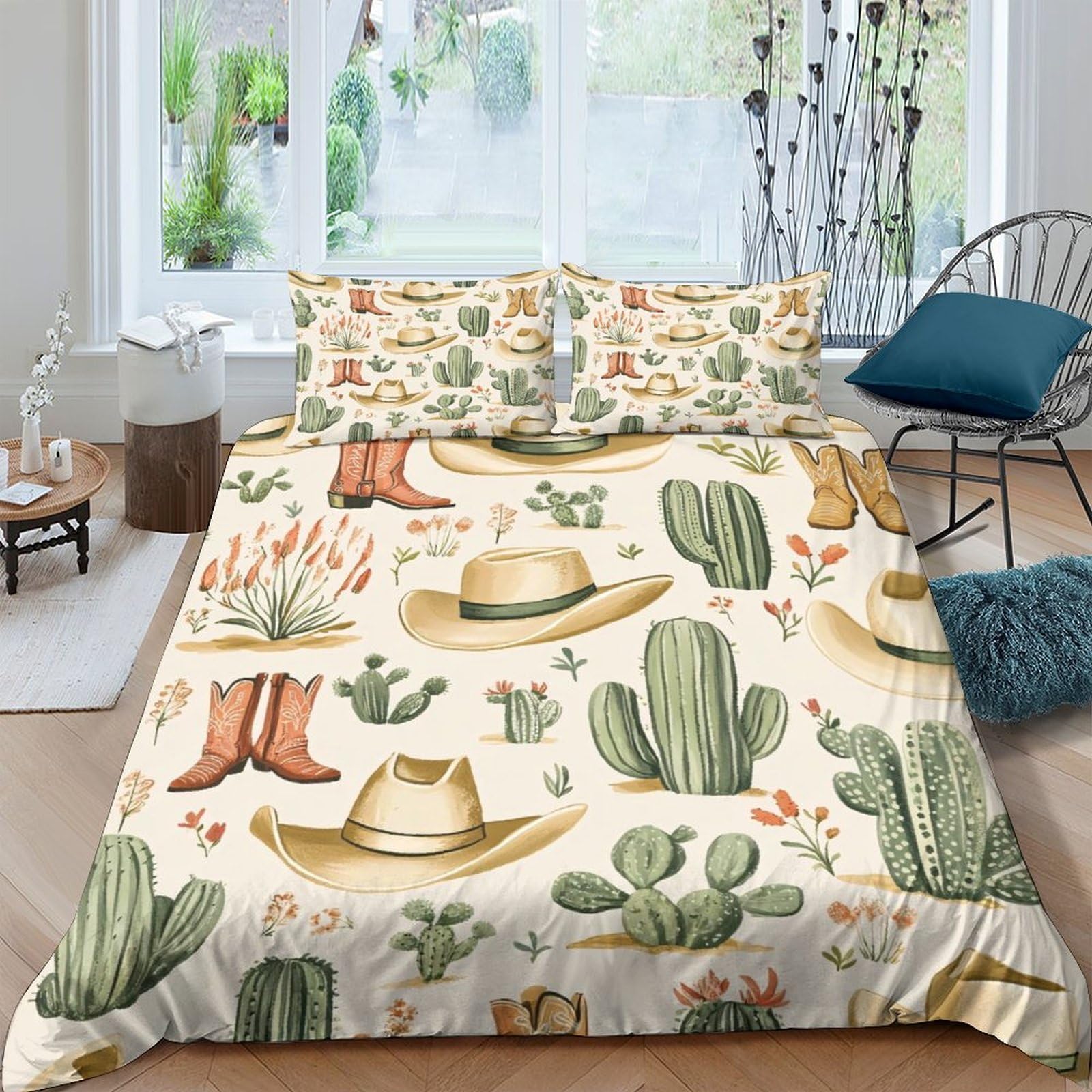 Ctjqhvkz Style-3 3D Printed Cactus Cowboy Hat Fitted Sheet Microfiber Soft Western Boots Bed Cover For Bedroom Guest Room Decor Single（135X200cm）