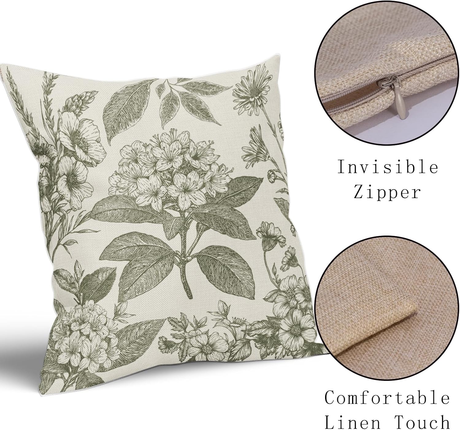 Sage Green Floral Pillow Covers 18x18 Inch Set of 2 Spring Flower Pattern Print Vintage Decorative Throw Pillowcases Neutral Seasonal Outdoor Rustic Farmhouse Cushion Cases Decor for Sofa Couch Bed - Image 4