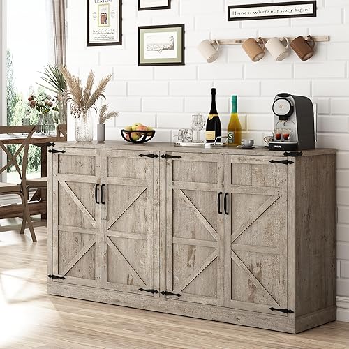 Sideboard Buffet Cabinet with Storage - 65 Inch Farmhouse Kitchen Pantries Sideboard Cabinets with Adjustable Shelves, Wooden Coffee Bar Cabinet Buffet Table for Kitchen, Dining Room, Oak