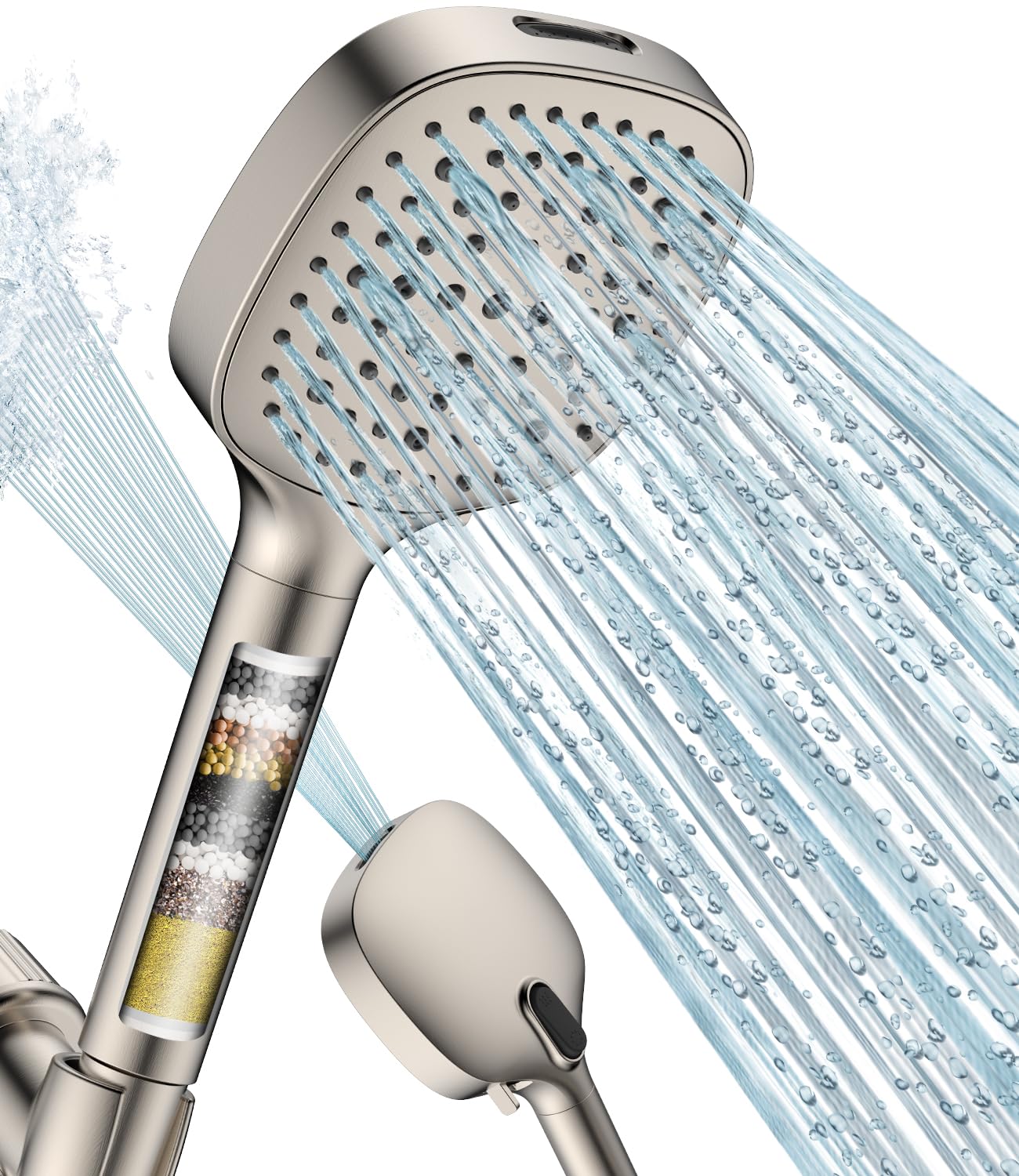 MakeFit Filtered Shower Head with Hand, 7 Modes, High Pressure Shower Head with Filters, Removable Shower Head, Water Softener, Pearl Filters for Hard Water - Removes Chlorine and