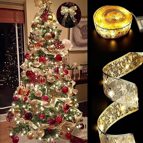 Guirnalda de luces de Navidad de alambre de cobre, tira de luces de cinta dorada con purpurina de 2.5 pulgadas x 16.4 pies, 50 luces LED, funciona