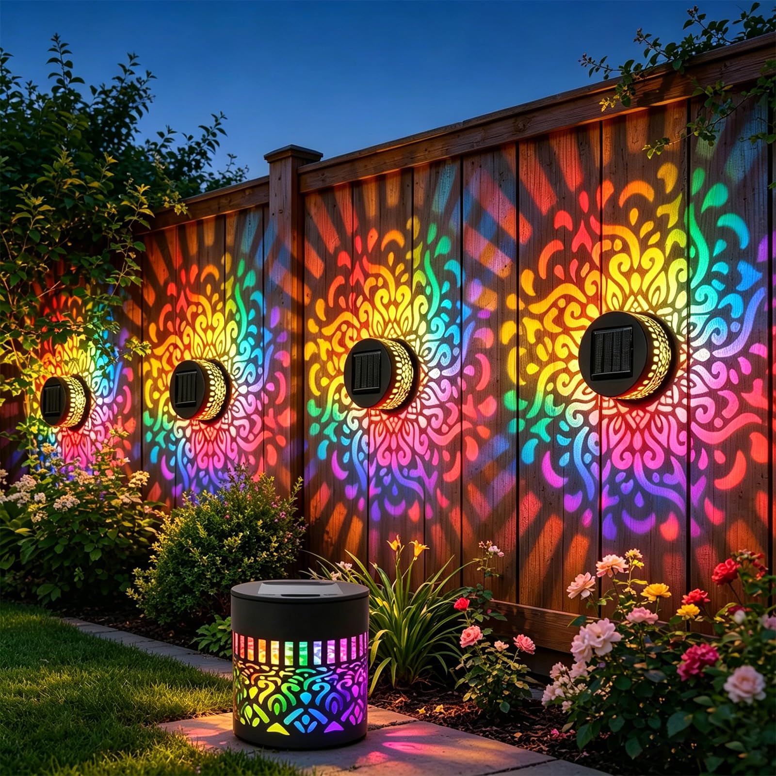 Solar Mandala Wall Lights,Seven‑Color Changing Outdoor Decorative Projection Lamp,Outdoor Waterproof Metal Fence Light for Yard Garden Patio Backyard Post,Mandala Solar Lights (1pc)