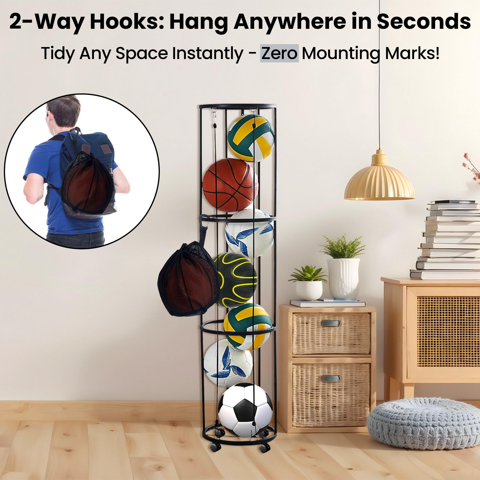 Shiawase 3 Tier Ballständer mit Rollen Sparende Abnehmbare Stehend Ballhalter mit Netto, Ball Aufbewahrungsregal, Garage Ball Aufbewahrung Sports Storage für Volleyball, Basketball, Fußball