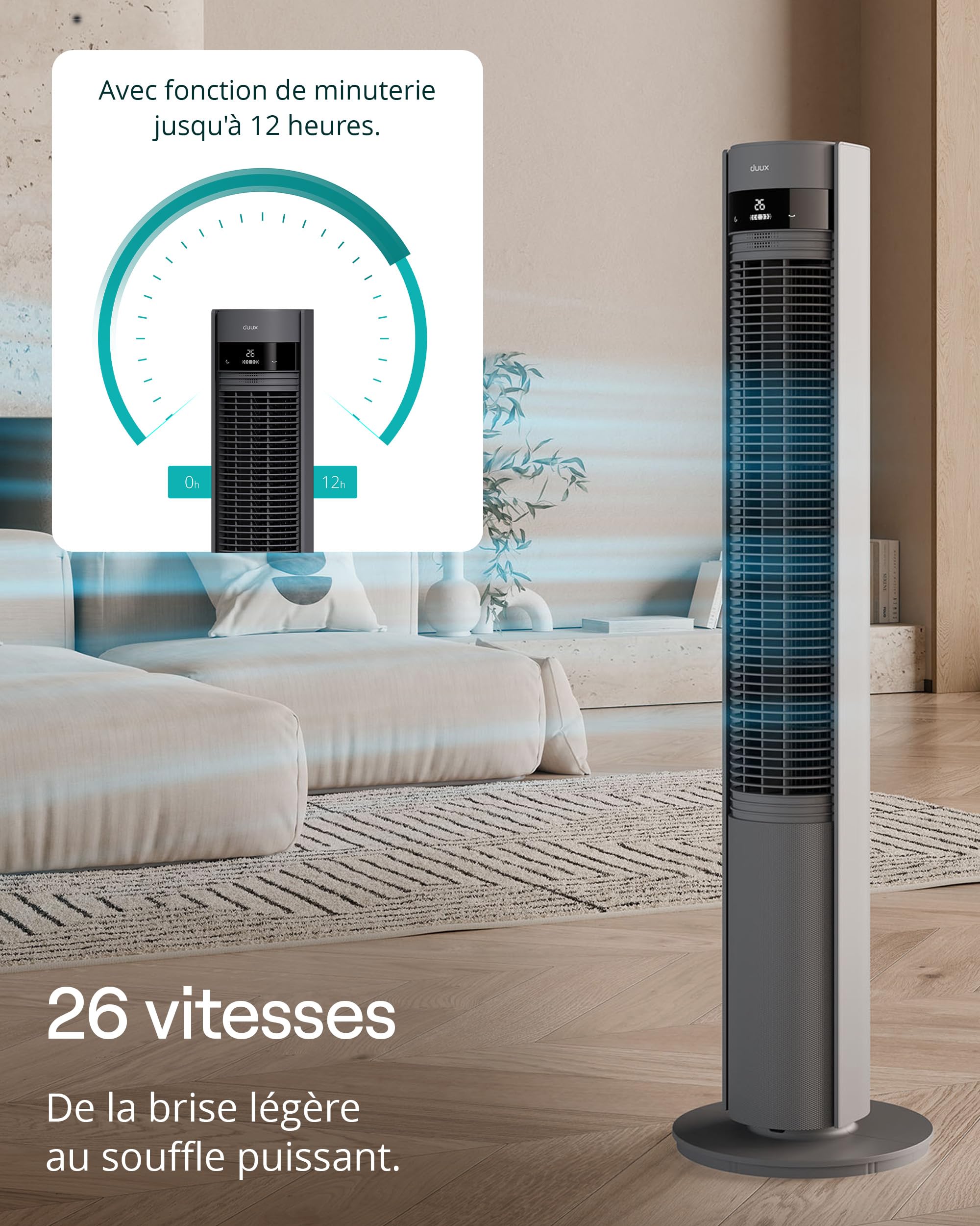 Duux Elevate Ventilateur Colonne – 26 Vitesses, Oscillation 80°, Seulement 25 dB, Ioniseur, Minuterie (1–12h), Mode Nuit, Écran Tactile & Télécommande – Silencieux & Intelligent – Gris