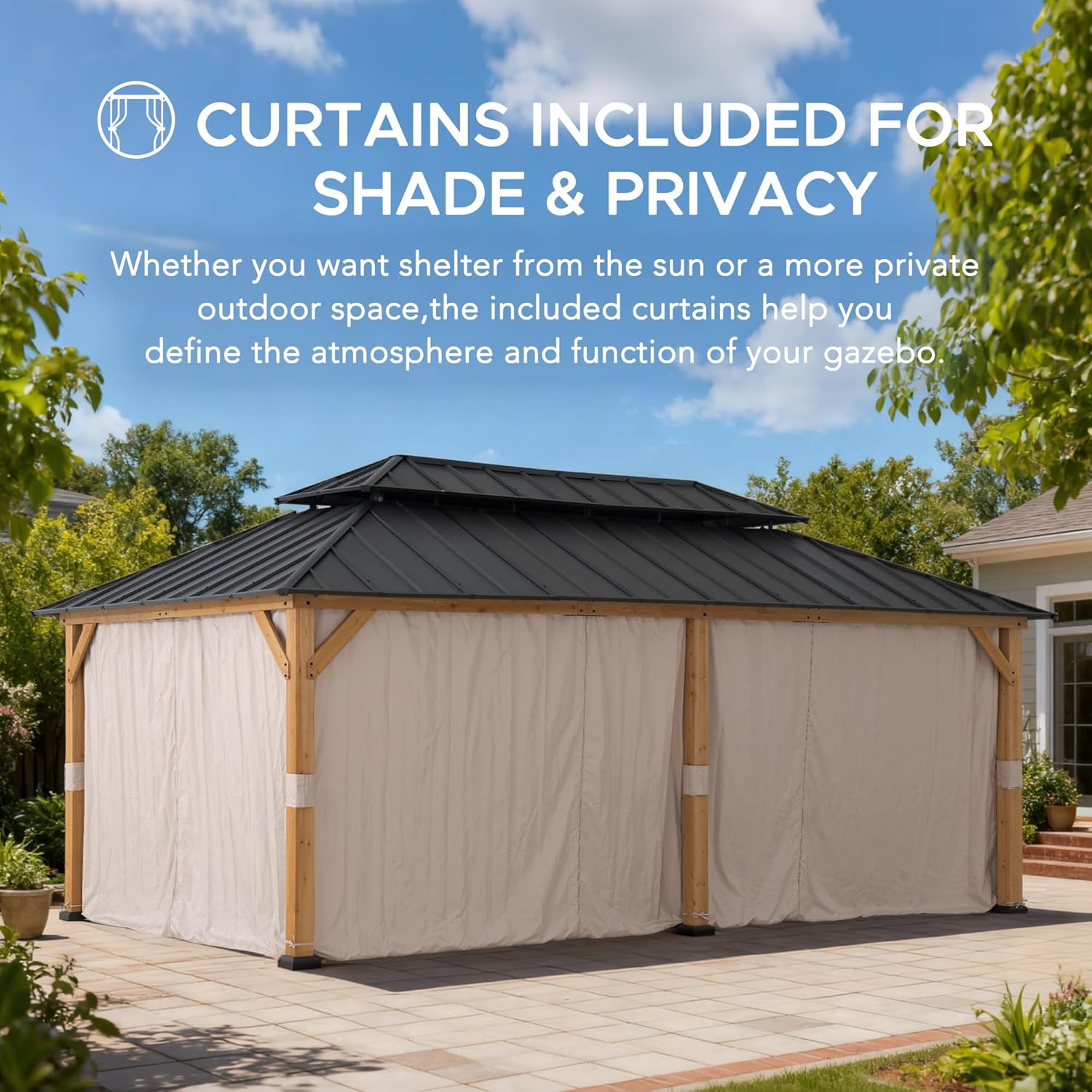 SUNJOY 12x20 Hardtop Wood Gazebo with Galvanized Steel Roof and Curtains, Outdoor Permanent Pavilion Cedar Gazebo for Backyard, Garden, Patio, Deck, Lawn