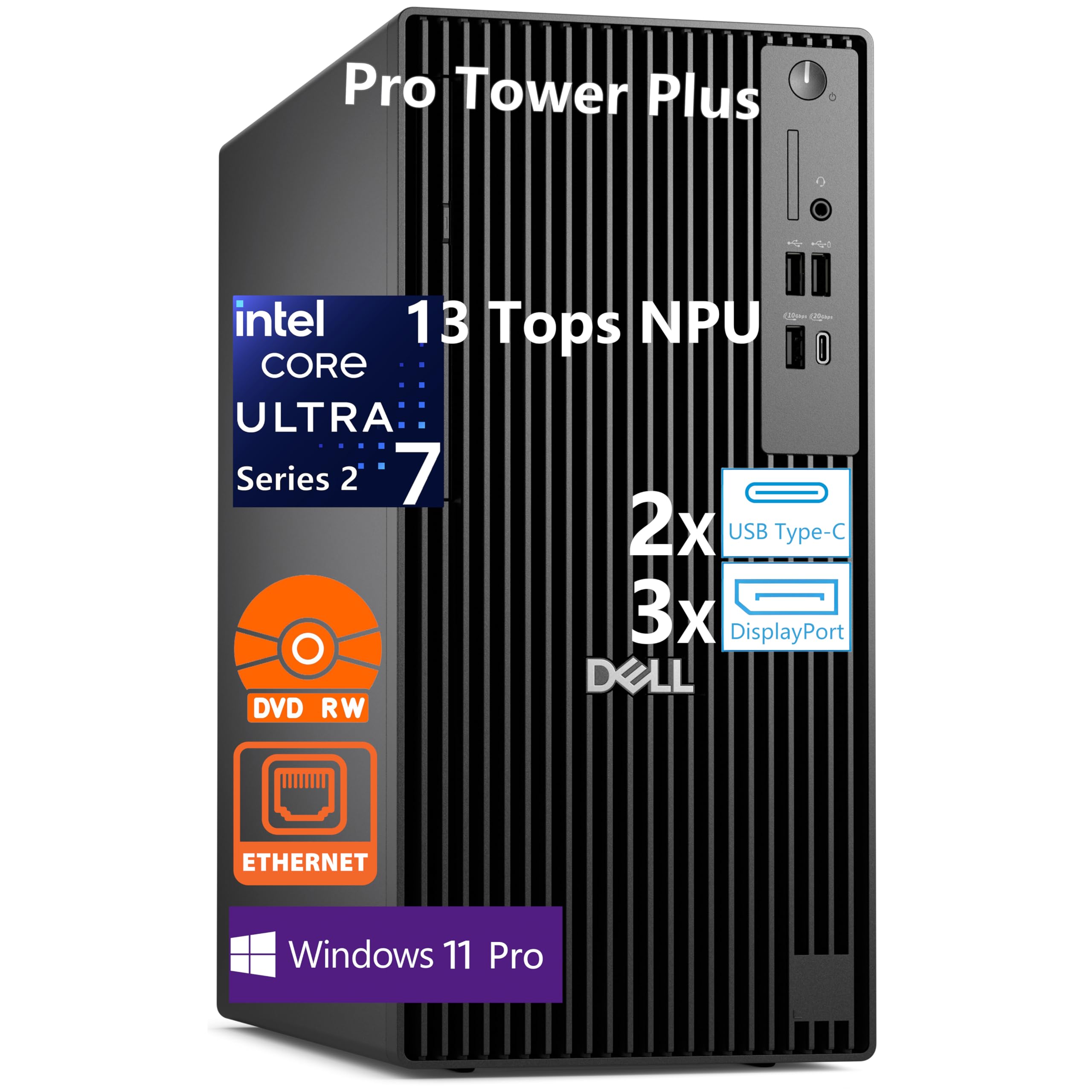Pro Tower Plus Desktop Computers, Intel 20-Core Ultra 7 265 (13 Tops NPU), 64GB DDR5 RAM, 4TB PCIe SSD, Copilot AI Business PC, DVDRW, 3 DisplayPorts, 2 Type-C, Windows 11 Pro