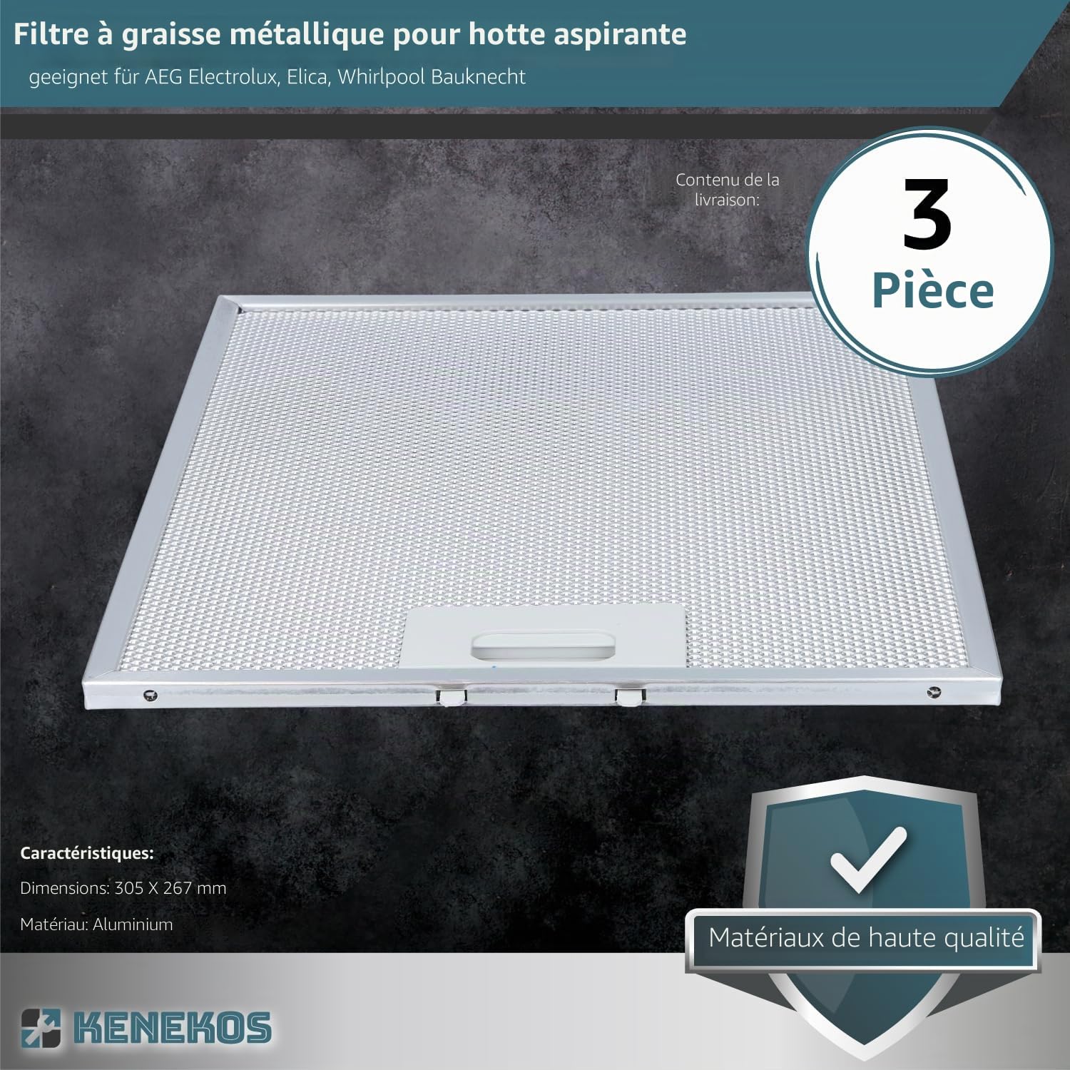Kenekos - set économique 3x filtres à graisse métalliques pour hotte aspirante 305mm x 267mm. Compatible avec AEG, Whirlpool et autres. Comme pièce de rechange no. 405525042-9