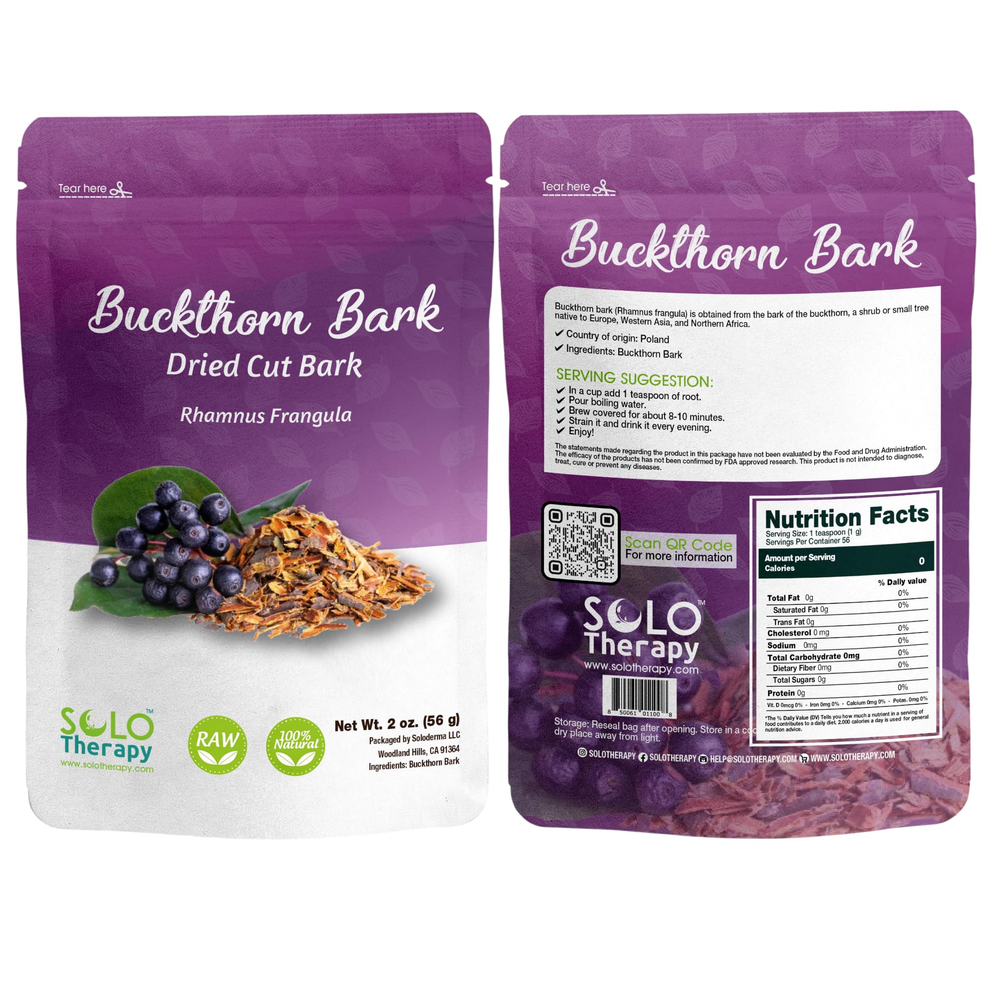 Buckthorn Bark Herbal Tea - 56 grams - Frangula Alnus Resealable Bag - 56 grams - Premium Quality (Buckthorn Bark)