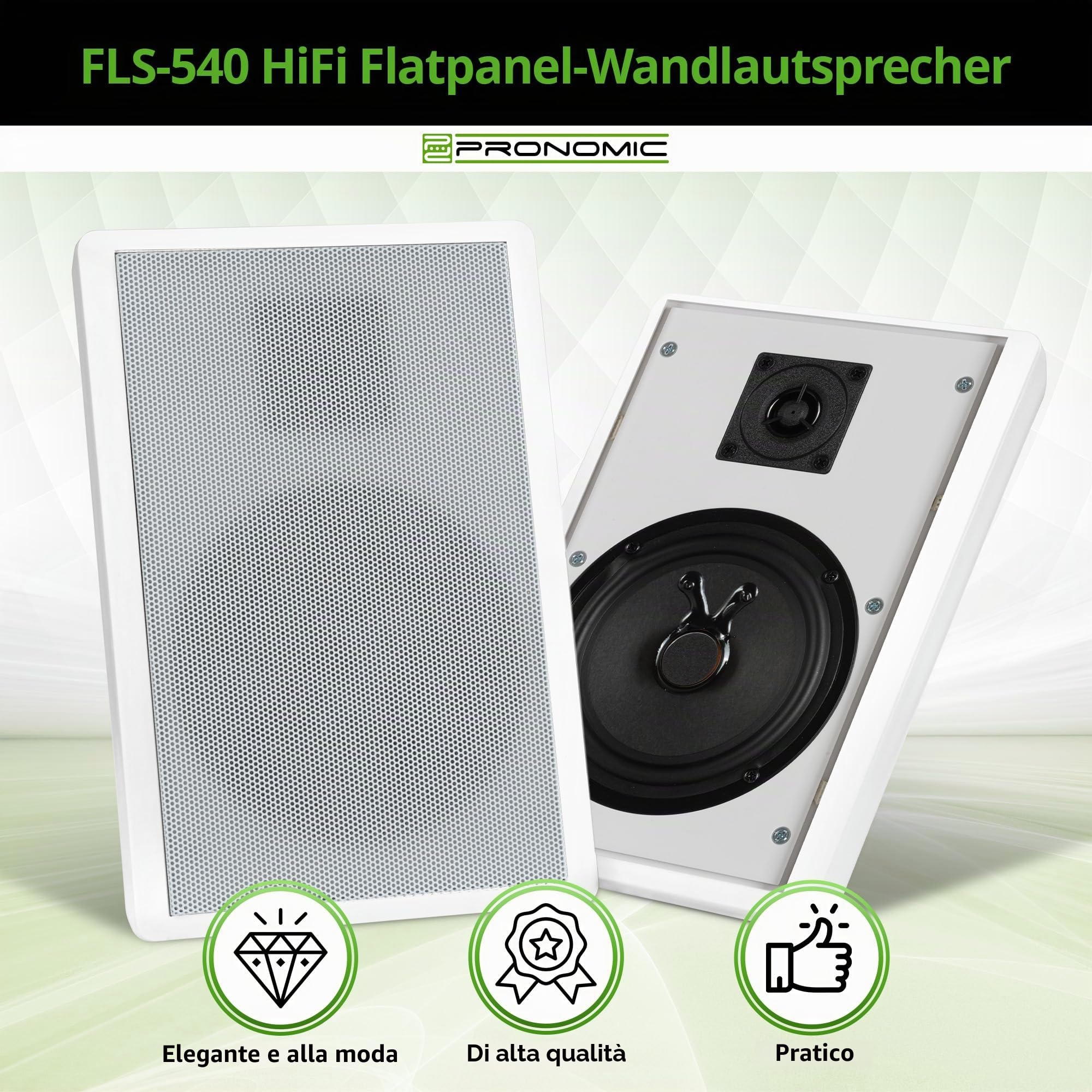 Pronomic FLS-540 WH Coppia Diffusori Flatpanel da Parete Box bianco 2x Set | Diffusori HiFi 2 vie Panel, Ideali per un’elegante installazione fissa a parete, Suono bilanciato, Impedenza: 8 Ohm, 9x3 mm)